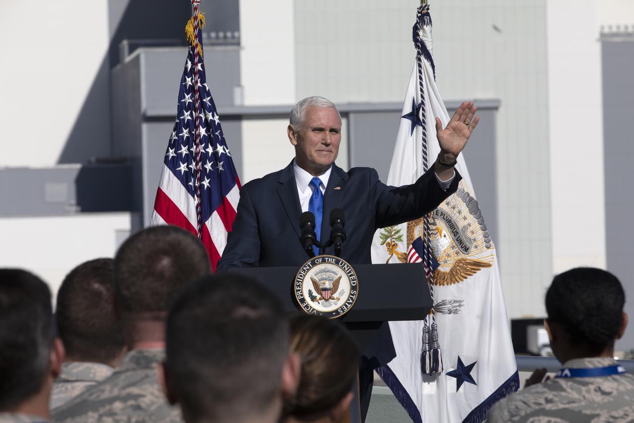 At the Operations and Support Building II at NASA's Kennedy Space Center in Florida, Vice President Mike Pence addresses members of the U.S. Air Force after the scrubbed launch attempt of SpaceX's Falcon 9 rocket carrying the Air Force's GPS III satellite from Space Launch Complex 40 on Cape Canaveral Air Force Station on Dec. 18, 2018.