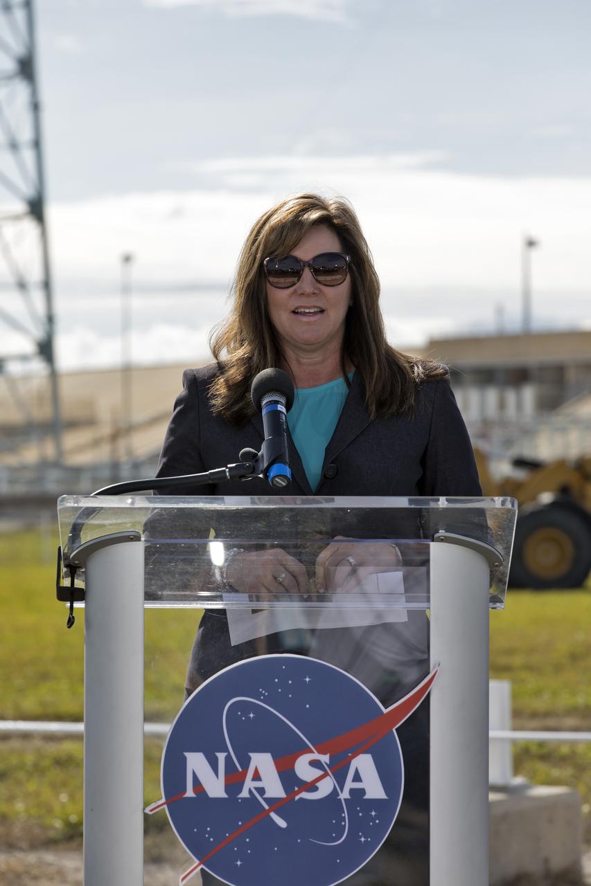 On Dec. 19, 2018, Jennifer Kunz, deputy program manager for Exploration Ground Systems, speaks during a groundbreaking ceremony for a new liquid hydrogen tank for Launch Complex 39B at the agency's Kennedy Space Center. The storage facility will hold 1.25 million gallons of the propellant for NASA's Space Launch System rocket designed to boost the agency's Orion spacecraft, sending humans to distant destinations such as the Moon and Mars.
