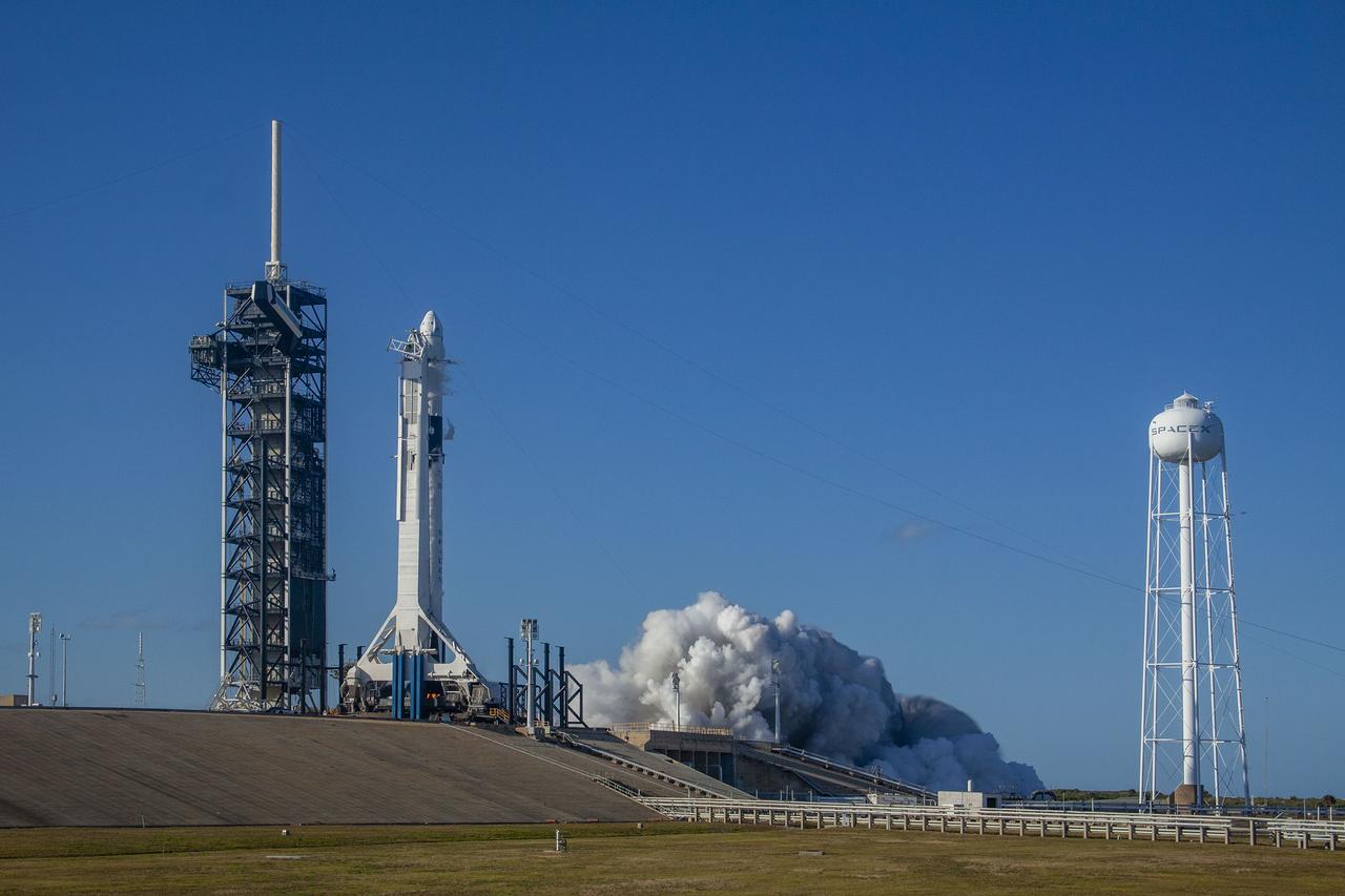 At NASA Kennedy Space Center’s Launch Complex 39A, the nine engines of a SpaceX Falcon 9 rocket roar to life in a brief static firing on Jan. 24, 2019. The test was part of checkouts prior to its liftoff for Demo-1, the inaugural flight of one of the spacecraft designed to take NASA astronauts to and from the International Space Station. NASA has worked with SpaceX and Boeing in developing Commercial Crew Program spacecraft to facilitate new human spaceflight systems launching from U.S. soil with the goal of safe, reliable and cost-effective access to low-Earth orbit destinations such as the space station.