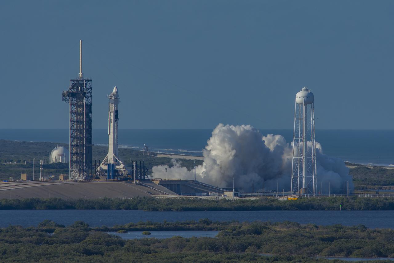 At NASA Kennedy Space Center’s Launch Complex 39A, the nine engines of a SpaceX Falcon 9 rocket roar to life in a brief static firing on Jan. 24, 2019. The test was part of checkouts prior to its liftoff for Demo-1, the inaugural flight of one of the spacecraft designed to take NASA astronauts to and from the International Space Station. NASA has worked with SpaceX and Boeing in developing Commercial Crew Program spacecraft to facilitate new human spaceflight systems launching from U.S. soil with the goal of safe, reliable and cost-effective access to low-Earth orbit destinations such as the space station.