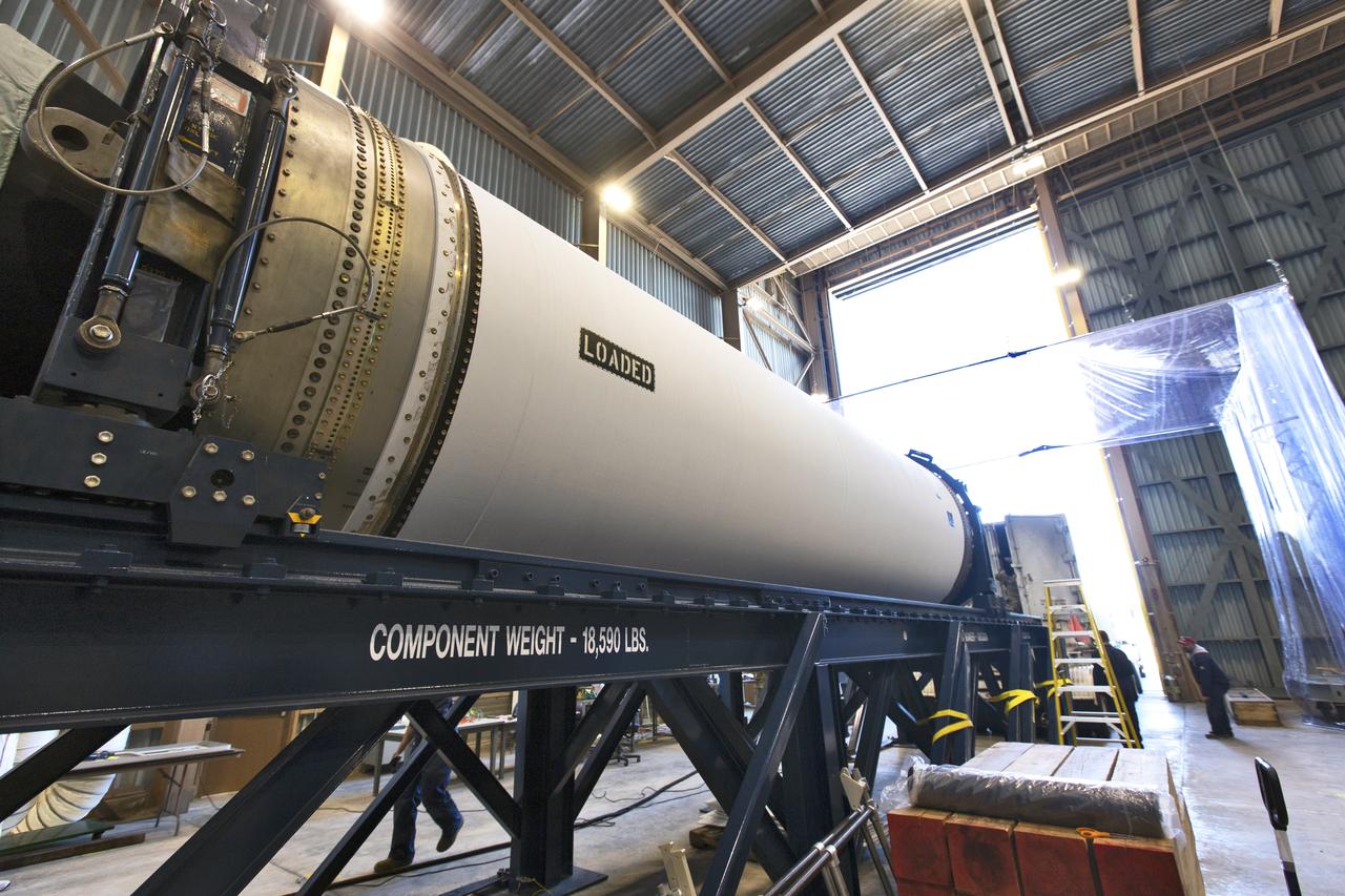The Northrop Grumman-provided ascent test booster for the Orion Ascent Abort-2 (AA-2) Flight Test is secured on a work stand inside the Rotation, Processing and Surge Facility (RPSF) at NASA’s Kennedy Space Center in Florida on Jan. 29, 2019. The booster will be outfitted for flight. AA-2 is a full-stress test of the Launch Abort System, scheduled for April 2019. AA-2 will launch from Space Launch Complex 46, carrying a fully functional LAS and a 22,000-pound Orion test vehicle to an altitude of 31,000 feet and traveling at more than 1,000 miles an hour. The test will verify the LAS can steer the crew module and astronauts aboard to safety in the event of an issue with the Space Launch System (SLS) rocket when the spacecraft is under the highest aerodynamic loads it will experience during a rapid climb into space. NASA's Orion and Exploration Ground Systems programs and contractors from Jacob's and Northrup Grumman in conjunction with the Air Force Space and Missile Center's Launch Operations branch are performing flight operations for AA-2.