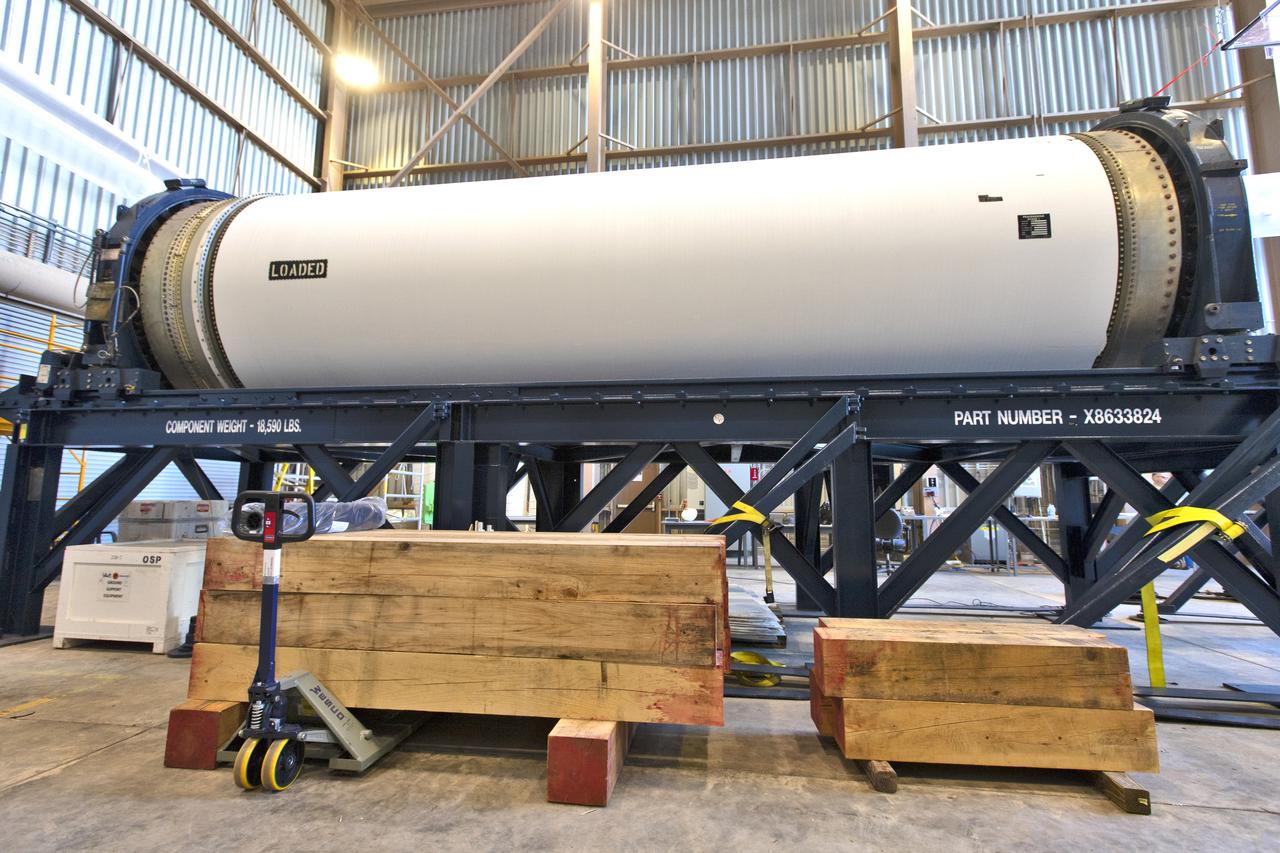 The Northrop Grumman-provided ascent test booster for the Orion Ascent Abort-2 (AA-2) Flight Test is secured on a work stand inside the Rotation, Processing and Surge Facility (RPSF) at NASA’s Kennedy Space Center in Florida on Jan. 29, 2019. The booster will be outfitted for flight. AA-2 is a full-stress test of the Launch Abort System, scheduled for April 2019. AA-2 will launch from Space Launch Complex 46, carrying a fully functional LAS and a 22,000-pound Orion test vehicle to an altitude of 31,000 feet and traveling at more than 1,000 miles an hour. The test will verify the LAS can steer the crew module and astronauts aboard to safety in the event of an issue with the Space Launch System (SLS) rocket when the spacecraft is under the highest aerodynamic loads it will experience during a rapid climb into space. NASA's Orion and Exploration Ground Systems programs and contractors from Jacob's and Northrup Grumman in conjunction with the Air Force Space and Missile Center's Launch Operations branch are performing flight operations for AA-2.