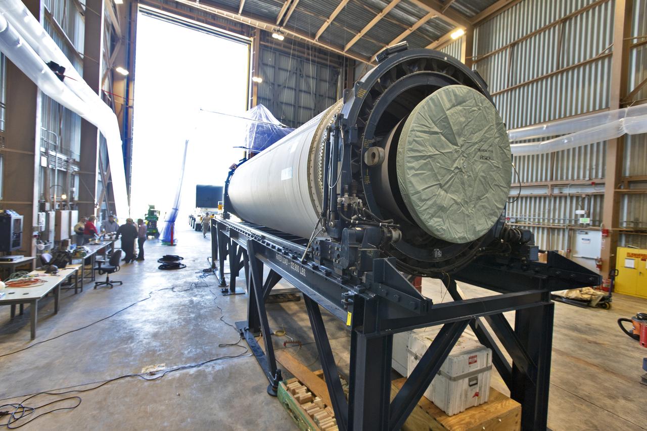 The Northrop Grumman-provided ascent test booster for the Orion Ascent Abort-2 (AA-2) Flight Test is secured on a work stand inside the Rotation, Processing and Surge Facility (RPSF) at NASA’s Kennedy Space Center in Florida on Jan. 29, 2019. The booster will be outfitted for flight. AA-2 is a full-stress test of the Launch Abort System, scheduled for April 2019. AA-2 will launch from Space Launch Complex 46, carrying a fully functional LAS and a 22,000-pound Orion test vehicle to an altitude of 31,000 feet and traveling at more than 1,000 miles an hour. The test will verify the LAS can steer the crew module and astronauts aboard to safety in the event of an issue with the Space Launch System (SLS) rocket when the spacecraft is under the highest aerodynamic loads it will experience during a rapid climb into space. NASA's Orion and Exploration Ground Systems programs and contractors from Jacob's and Northrup Grumman in conjunction with the Air Force Space and Missile Center's Launch Operations branch are performing flight operations for AA-2.