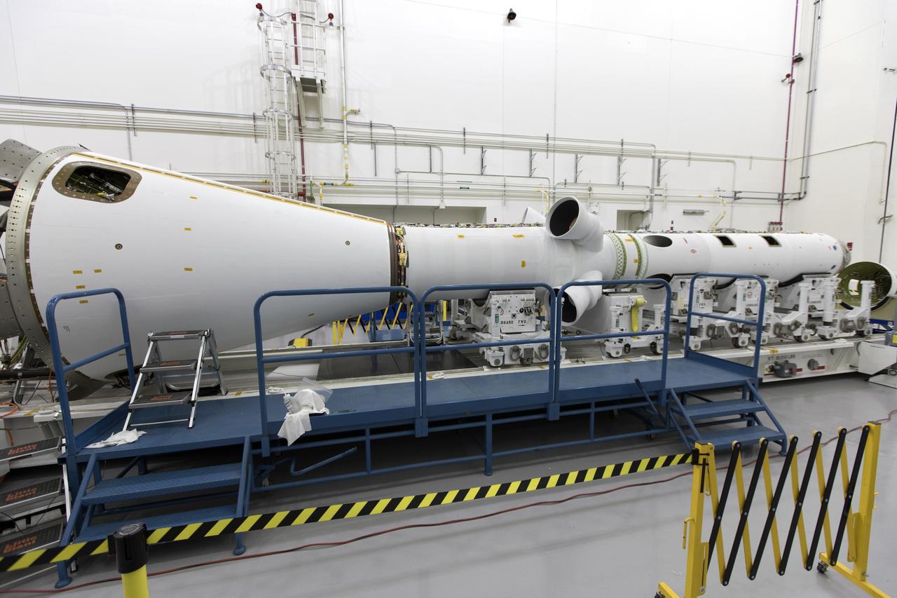 Inside the Launch Abort System Facility (LASF) at NASA’s Kennedy Space Center in Florida, the Launch Abort System (LAS) that will be used for the Orion Ascent Abort-2 (AA-2) Flight Test is being assembled on Feb. 5, 2019. AA-2 is a full-stress test of the LAS, scheduled for Spring 2019. AA-2 will launch from Space Launch Complex 46, carrying a fully functional LAS and a 22,000-pound Orion test vehicle to an altitude of 31,000 feet and traveling at more than 1,000 miles an hour. The test will verify the LAS can steer the crew module and astronauts aboard to safety in the event of an issue with the Space Launch System (SLS) rocket when the spacecraft is under the highest aerodynamic loads it will experience during a rapid climb into space. NASA's Orion and Exploration Ground Systems programs and contractors from Jacob's and Northrop Grumman in conjunction with the Air Force Space and Missile Center's Launch Operations branch are performing flight operations for AA-2.
