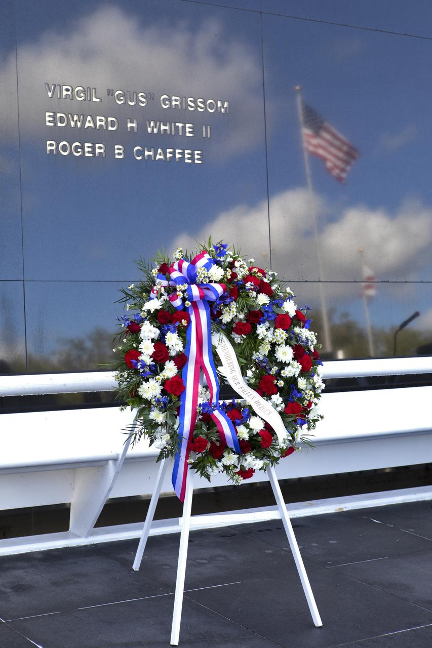 A memorial wreath stands before the Space Mirror Memorial at the Kennedy Space Center Visitor Complex during this year’s Day of Remembrance ceremony. Each year, Kennedy employees and guests gather with others throughout NASA to honor those astronauts who have fallen in the pursuit of space exploration.