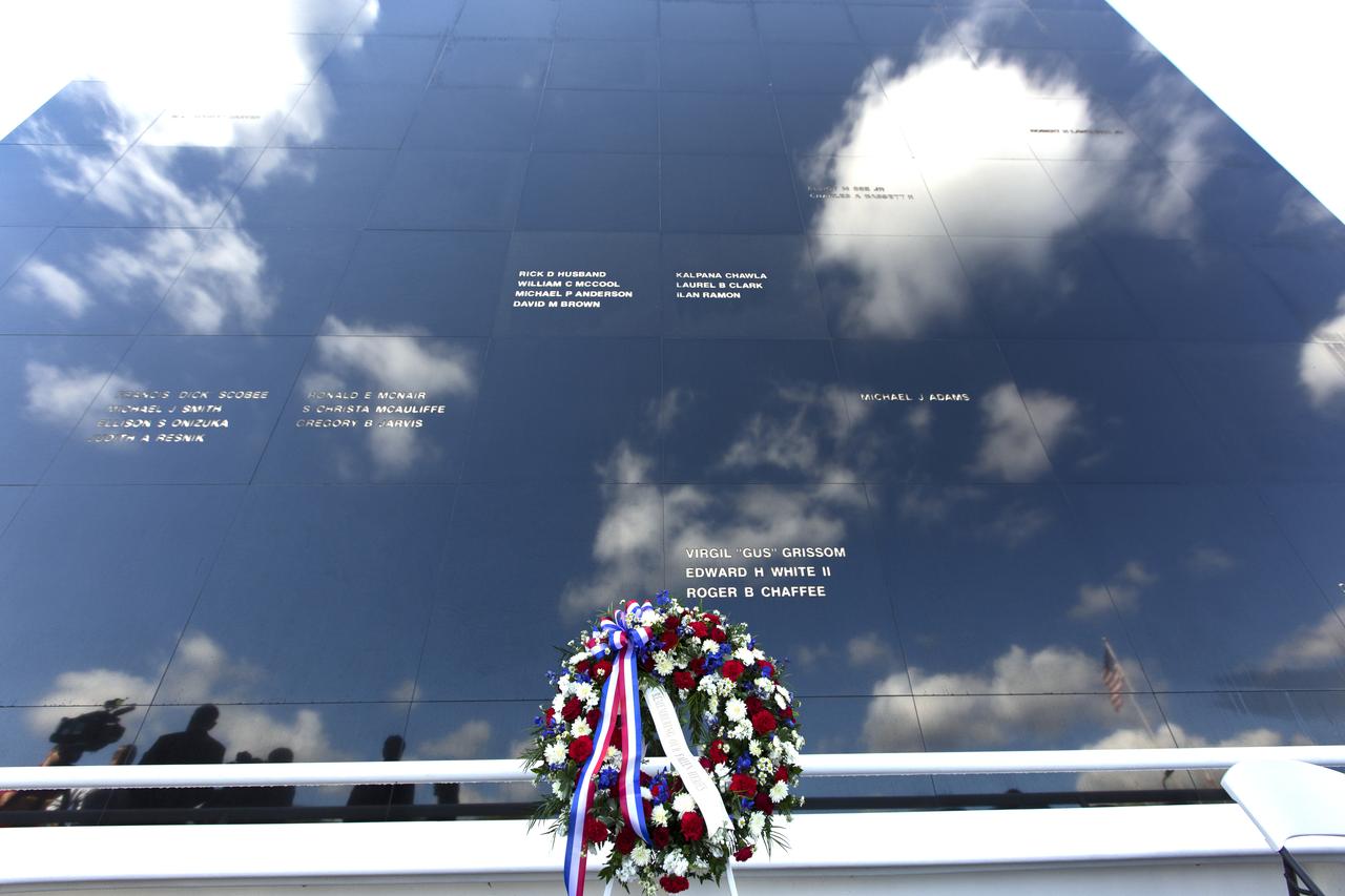 A memorial wreath stands before the Space Mirror Memorial at the Kennedy Space Center Visitor Complex during this year’s Day of Remembrance ceremony. The memorial, a 42-foot-high by 50-foot-wide granite monument, displays the names of the fallen astronauts from Apollo 1, space shuttles Challenger and Columbia, as well as others who have lost their lives while on NASA missions or in training. Each year, Kennedy employees and guests gather with others throughout NASA to honor those astronauts who have fallen in the pursuit of space exploration.