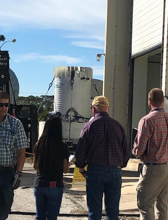 On Feb. 7, 2019, team members with the Test and Operations Support Contract (TOSC) at NASA’s Kennedy Space Center in Florida offload the cask that will contain the multi-mission radioisotope thermoelectric generator (MMRTG) for the Mars 2020 mission. NASA’s Mars2020 rover will be powered by an MMRTG. The arrival of the MMRTG simulator enables the team to practice radiation control and monitoring protocols, including setting up radiation control points and postings around the trailer prior. 
