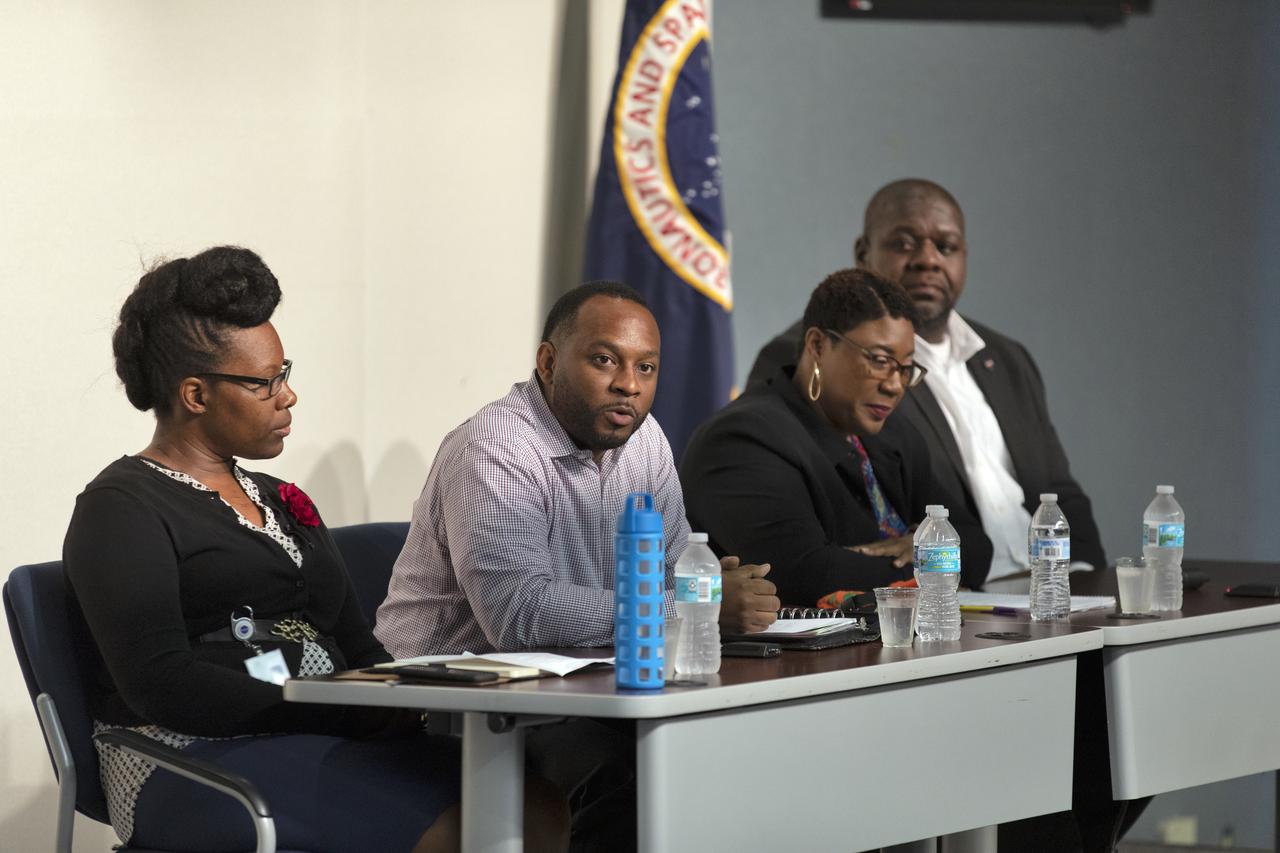 In recognition of Black History Month, the Black Employee Strategy Team hosted a panel discussion featuring some of the future leaders of NASA’s Kennedy Space Center on Feb. 13, 2019. Participants from left, are Tamiko Fletcher, Kennedy’s chief security information officer in IT Security; Anthony Harris, chief, Facility Systems Branch in Safety and Mission Assurance; Charmel Anderson-Jones, senior cross program quality engineer in the Safety and Mission Assurance Directorate, Exploration Ground Systems Division; and Malcolm Boston, contracting officer representative in the Launch Services Program. They shared personal testimony about their journey toward NASA employment, leadership styles and keys to their success.