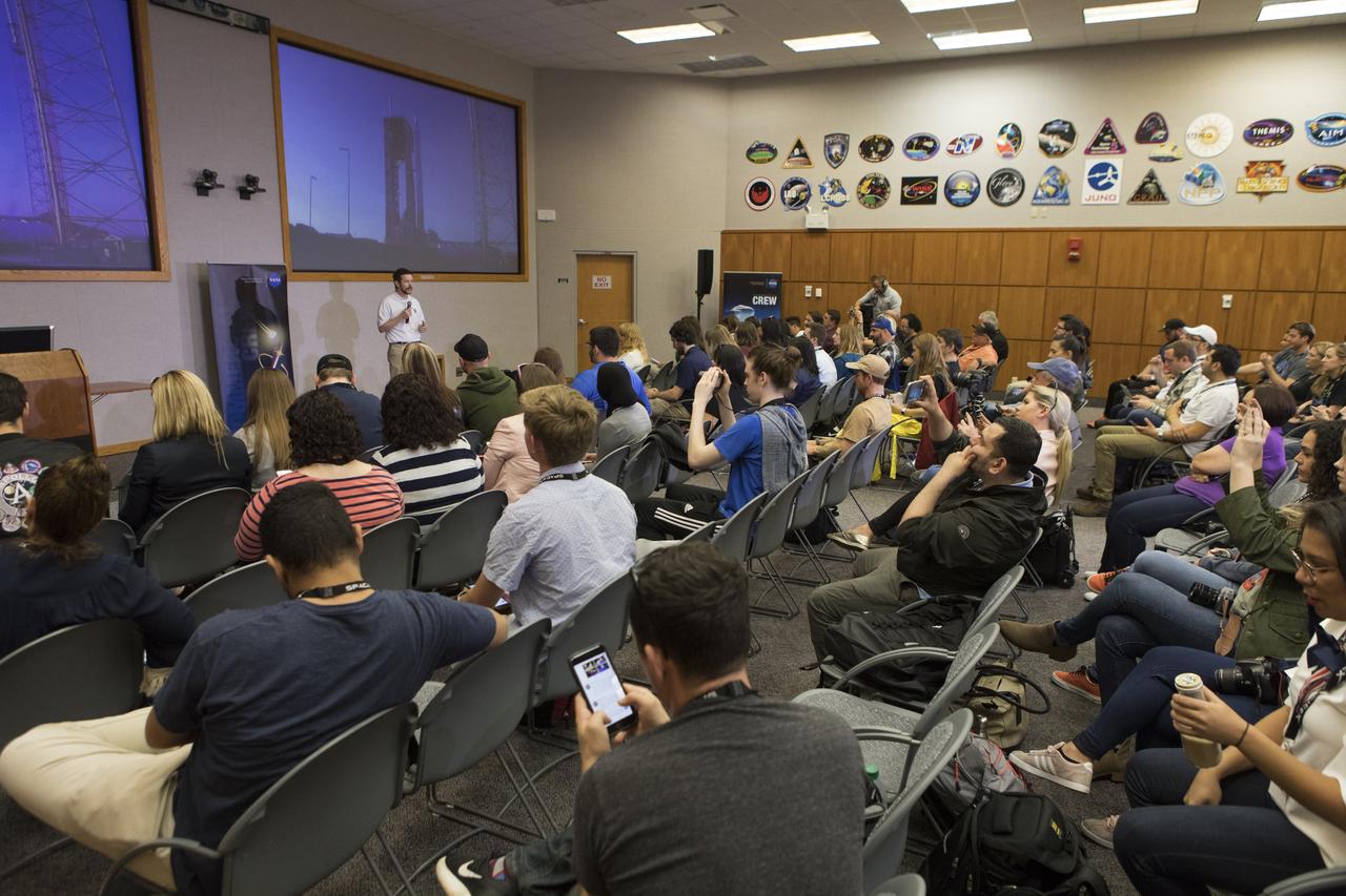 James Beahn, Launch Vehicle lead engineer, speaks to members of the media Thursday, Feb. 28, in the Kennedy Space Center’s Mission Briefing Room of the Neil Armstrong Operations and Checkout Building. The briefing focused on launch of the SpaceX Demo-1 Commercial Crew Program mission to the International Space Station. The inaugural flight of the Crew Dragon, known as Demo-1, will be uncrewed, lifting off atop a SpaceX Falcon 9 rocket from Launch Complex 39A at Kennedy Saturday, March 2, at 2:49 a.m. EST. The mission is designed to validate end-to-end systems and capabilities, leading to certification to fly crew. NASA has worked with SpaceX and Boeing in developing the CCP spacecraft to facilitate new human spaceflight systems launching from U.S. soil with the goal of safe, reliable and cost-effective access to low-Earth orbit destinations such as the space station.