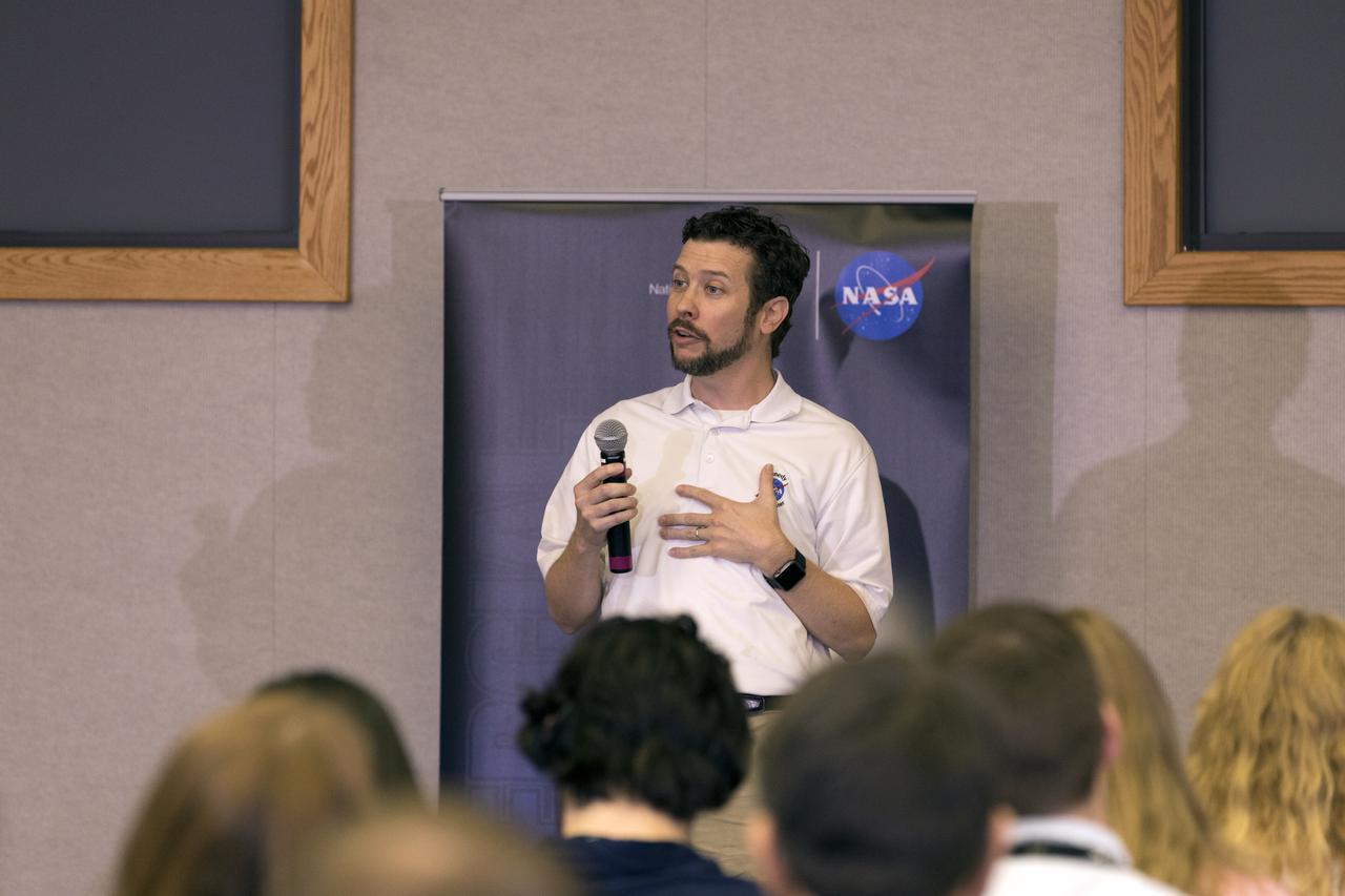 James Beahn, Launch Vehicle lead engineer, speaks to members of the media Thursday, Feb. 28, in the Kennedy Space Center’s Mission Briefing Room of the Neil Armstrong Operations and Checkout Building. The briefing focused on launch of the SpaceX Demo-1 Commercial Crew Program mission to the International Space Station. The inaugural flight of the Crew Dragon, known as Demo-1, will be uncrewed, lifting off atop a SpaceX Falcon 9 rocket from Launch Complex 39A at Kennedy Saturday, March 2, at 2:49 a.m. EST. The mission is designed to validate end-to-end systems and capabilities, leading to certification to fly crew. NASA has worked with SpaceX and Boeing in developing the CCP spacecraft to facilitate new human spaceflight systems launching from U.S. soil with the goal of safe, reliable and cost-effective access to low-Earth orbit destinations such as the space station.