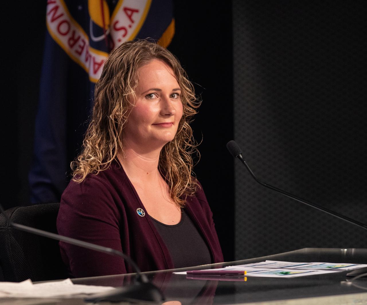 Melody C. Lovin, launch weather officer, 45th Weather Squadron, speaks to members of the media during a prelaunch news conference with NASA, SpaceX and the 45th Weather Squadron leaders Thursday, Feb. 28, prior to the Saturday, March 2 launch of the SpaceX Demo-1 Commercial Crew Program (CCP) mission to the International Space Station. The inaugural flight of the SpaceX Crew Dragon, known as Demo-1, is scheduled to lift off from Kennedy’s Launch Complex 39A Saturday at 2:49 EST. A SpaceX Falcon 9 rocket will launch the uncrewed spacecraft on a mission designed to validate end-to-end systems and capabilities, leading to certification to fly crew. NASA has worked with SpaceX and Boeing in developing the Commercial Crew Program spacecraft to facilitate new human spaceflight systems launching from U.S. soil with the goal of safe, reliable and cost-effective access to low-Earth orbit destinations, such as the International Space Station.