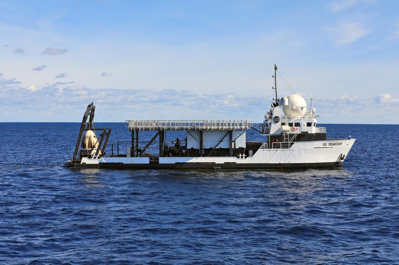 SpaceX’s Crew Dragon is carried by the company’s recovery ship, Go Searcher, in the Atlantic Ocean, about 200 miles off Florida’s east coast, on March 8, after returning from the International Space Station on the Demo-1 mission. The uncrewed spacecraft docked to the orbiting laboratory on March 3, following a 2:49 a.m. EST liftoff aboard a SpaceX Falcon 9 rocket from Launch Complex 39A at NASA’s Kennedy Space Center in Florida on March 2. Crew Dragon made 18 orbits of Earth before successfully attaching to the space station. The spacecraft undocked at 2:32 a.m., March 8, splashing down in the Atlantic Ocean, at 8:45 a.m. SpaceX’s inaugural flight with NASA’s Commercial Crew Program is the first flight test of a space system designed for humans built and operated by a commercial company through a public-private partnership. NASA and SpaceX will use data from Demo-1 to further prepare for Demo-2, the crewed flight test that will carry NASA astronauts Bob Behnken and Doug Hurley to the International Space Station later this year