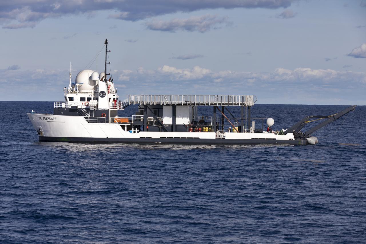 SpaceX’s recovery ship, Go Searcher, sails in the Atlantic Ocean off the east coast of Florida March 8, 2019, in preparation to retrieve the company’s Crew Dragon upon its return to Earth on the Demo-1 mission. The uncrewed spacecraft docked to the orbiting laboratory on March 3, following a 2:49 a.m. EST liftoff aboard a SpaceX Falcon 9 rocket from Launch Complex 39A at NASA’s Kennedy Space Center in Florida on March 2. The spacecraft undocked at 2:32 a.m., March 8, splashing down in the Atlantic Ocean at 8:45 a.m. SpaceX’s inaugural flight with NASA’s Commercial Crew Program is the first flight test of a space system designed for humans built and operated by a commercial company through a public-private partnership. NASA and SpaceX will use data from Demo-1 to further prepare for Demo-2, the crewed flight test that will carry NASA astronauts Bob Behnken and Doug Hurley to the International Space Station later this year.