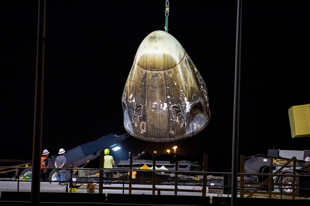 The SpaceX Crew Dragon spacecraft is offloaded from the company’s recovery ship, Go Searcher, in Florida’s Port Canaveral on Saturday, March 9, 2019. Crew Dragon splashed down in the Atlantic Ocean, about 200 miles off Florida’s east coast, at 8:45 a.m. EST on March 8, after undocking from the International Space Station at 2:32 a.m. As part of the Demo-1 mission, the uncrewed spacecraft docked to the orbiting laboratory on March 3, following a 2:49 a.m. EST liftoff aboard a SpaceX Falcon 9 rocket from Launch Complex 39A at NASA’s Kennedy Space Center in Florida on March 2. SpaceX’s inaugural flight with NASA’s Commercial Crew Program is the first flight test of a space system designed for humans built and operated by a commercial company through a public-private partnership. NASA and SpaceX will use data from Demo-1 to further prepare for Demo-2, the crewed flight test that will carry NASA astronauts Bob Behnken and Doug Hurley to the International Space Station later this year.