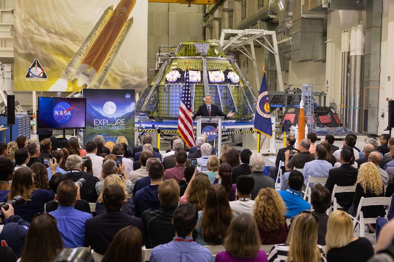 Bob Cabana, director of NASA’s Kennedy Space Center in Florida, speaks to NASA workers across the nation and members of the news media, during a Moon to Mars event in the Neil Armstrong Operations and Checkout Building high bay on March 11, 2019. The event followed the delivery of President Trump’s fiscal year 2020 budget proposal to U.S. Congress, which includes funding for the agency’s Moon to Mars initiative and Gateway lunar outpost.