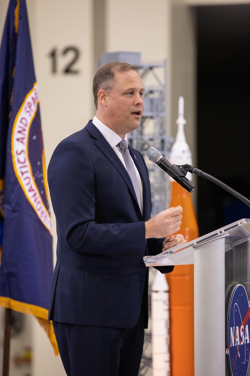 NASA Administrator Jim Bridenstine speaks to NASA workers across the nation and members of the news media, during a Moon to Mars event in the Neil Armstrong Operations and Checkout Building high bay on March 11, 2019. The event followed the delivery of President Trump’s fiscal year 2020 budget proposal to U.S. Congress, which includes funding for the agency’s Moon to Mars initiative and Gateway lunar outpost. Bridenstine presented a closer look at America’s work to return astronauts to the Moon in a sustainable way and continue exploration to Mars.