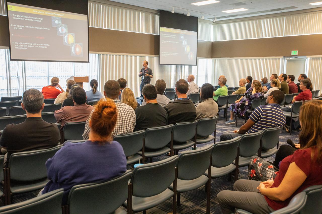 InSight’s (Interior Exploration using Seismic Investigations, Geodesy and Heat Transport) Principal Investigator W. Bruce Banerdt presents information on the latest findings from InSight to Kennedy Space Center employees on March 13, 2019, at the Florida spaceport’s Space Station Processing Facility Conference Center. InSight is a NASA Discovery Program mission that placed a single geophysical lander on Mars to study the Red Planet’s deep interior and will ultimately provide a better understanding of the processes that shaped the rocky planets of the inner solar system, including Earth. It was the first launch to Mars from the West Coast, lifting off from Vandenberg Air Force Base in California on May 5, 2018. The lander touched down on Mars on Nov. 26, 2018.