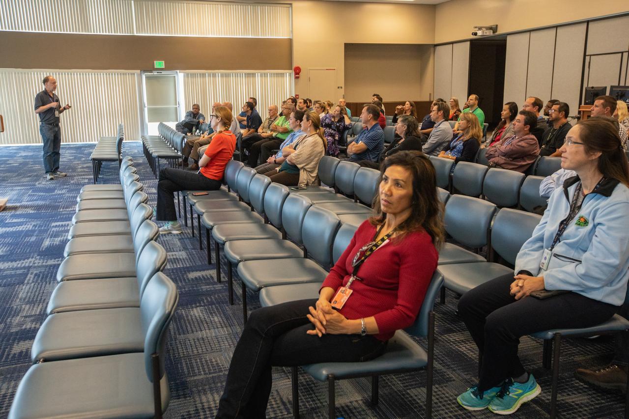 InSight’s (Interior Exploration using Seismic Investigations, Geodesy and Heat Transport) Principal Investigator W. Bruce Banerdt presents information on the latest findings from InSight to Kennedy Space Center employees on March 13, 2019, at the Florida spaceport’s Space Station Processing Facility Conference Center. InSight is a NASA Discovery Program mission that placed a single geophysical lander on Mars to study the Red Planet’s deep interior and will ultimately provide a better understanding of the processes that shaped the rocky planets of the inner solar system, including Earth. It was the first launch to Mars from the West Coast, lifting off from Vandenberg Air Force Base in California on May 5, 2018. The lander touched down on Mars on Nov. 26, 2018.