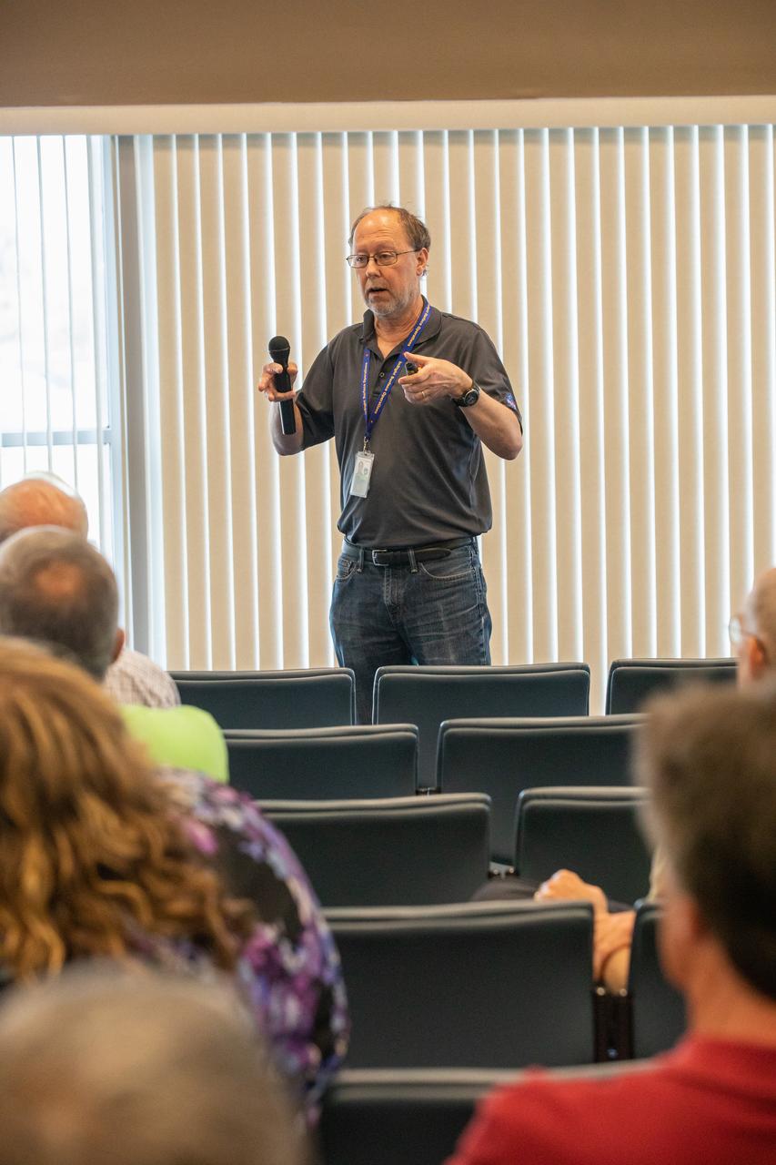 InSight’s (Interior Exploration using Seismic Investigations, Geodesy and Heat Transport) Principal Investigator W. Bruce Banerdt presents information on the first launch to Mars from the West Coast and the latest findings from InSight to Kennedy Space Center employees on March 13, 2019, at Kennedy’s Space Station Processing Facility Conference Center in Florida. InSight is a NASA Discovery Program mission that placed a single geophysical lander on Mars to study the Red Planet’s deep interior and will ultimately provide a better understanding of the processes that shaped the rocky planets of the inner solar system, including Earth. 