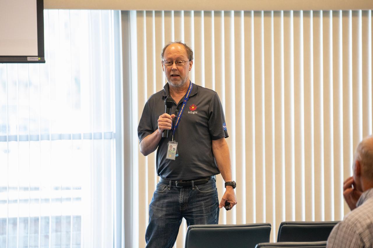 InSight’s (Interior Exploration using Seismic Investigations, Geodesy and Heat Transport) Principal Investigator W. Bruce Banerdt presents information on the first launch to Mars from the West Coast and the latest findings from InSight to Kennedy Space Center employees on March 13, 2019, at Kennedy’s Space Station Processing Facility Conference Center in Florida. InSight is a NASA Discovery Program mission that placed a single geophysical lander on Mars to study the Red Planet’s deep interior and will ultimately provide a better understanding of the processes that shaped the rocky planets of the inner solar system, including Earth.