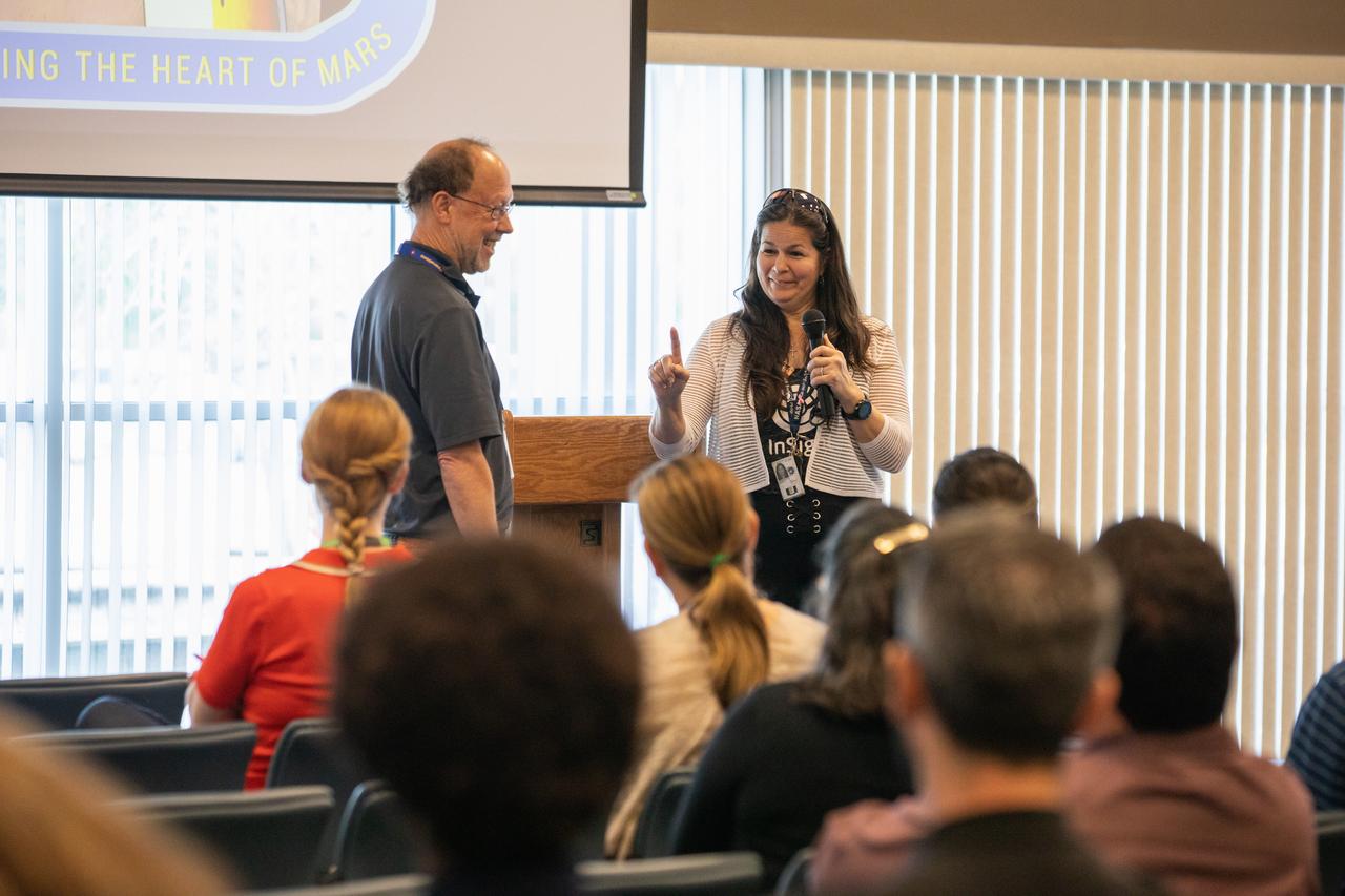 InSight’s (Interior Exploration using Seismic Investigations, Geodesy and Heat Transport) Principal Investigator W. Bruce Banerdt and Launch Services Program Mission Manager Alicia Mendoza-Hill present information on the first launch to Mars from the West Coast and the latest findings from InSight to Kennedy Space Center employees on March 13, 2019, at Kennedy’s Space Station Processing Facility Conference Center in Florida. InSight is a NASA Discovery Program mission that placed a single geophysical lander on Mars to study the Red Planet’s deep interior and will ultimately provide a better understanding of the processes that shaped the rocky planets of the inner solar system, including Earth.