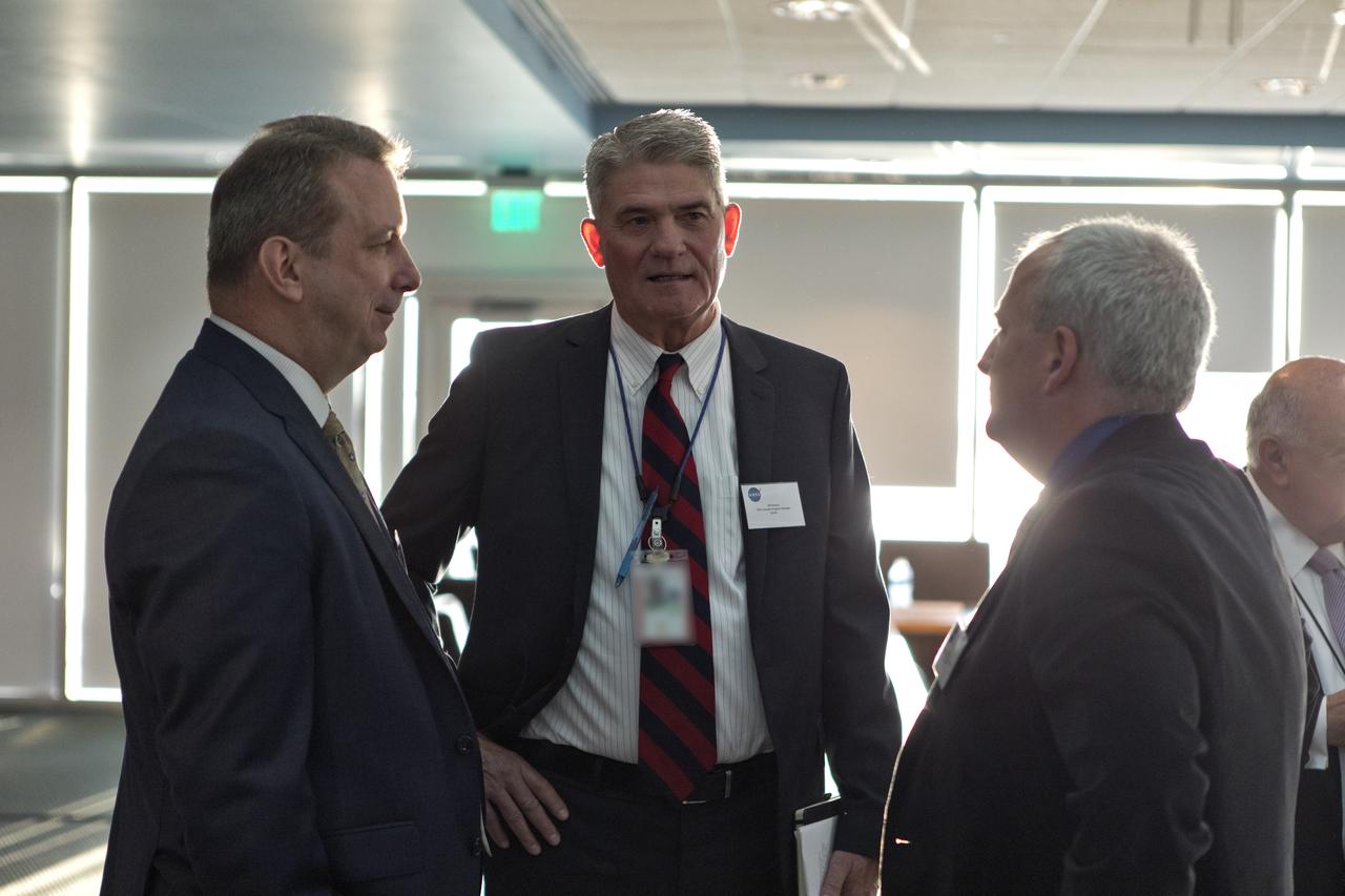 Multi-user spaceport partners converse prior to a roundtable discussion with U.S. Sen. Rick Scott and Kennedy Space Center Director Bob Cabana at Kennedy’s Saturn V Conference Center on March 15, 2019. The meeting was held to discuss the needs of the space center and Cape Canaveral Air Force Station.