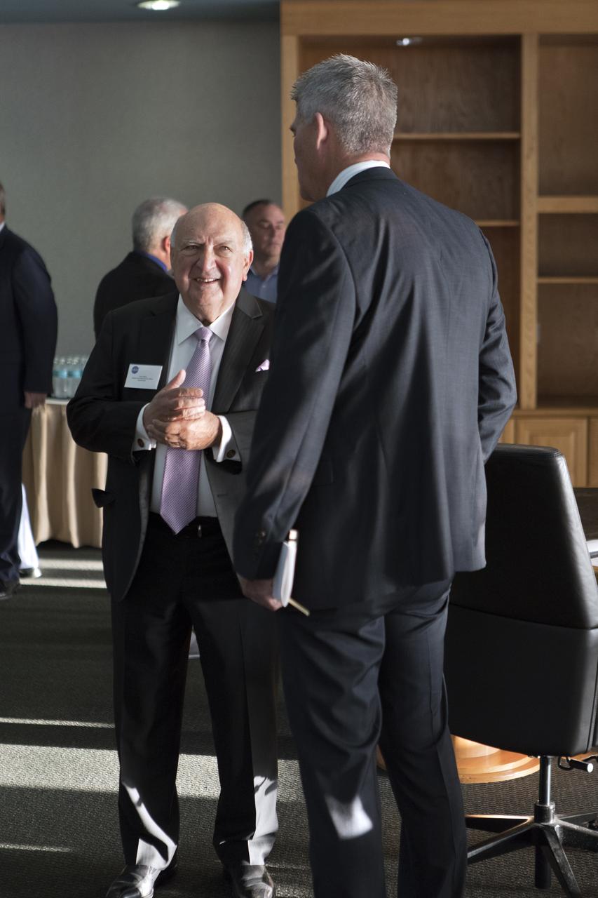 Multi-user spaceport partners converse prior to a roundtable discussion with U.S. Sen. Rick Scott and Kennedy Space Center Director Bob Cabana at Kennedy’s Saturn V Conference Center on March 15, 2019. The meeting was held to discuss the needs of the space center and Cape Canaveral Air Force Station.
