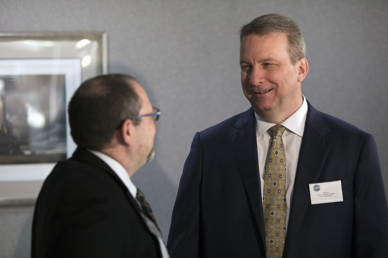 Multi-user spaceport partners converse prior to a roundtable discussion with U.S. Sen. Rick Scott and Kennedy Space Center Director Bob Cabana at Kennedy’s Saturn V Conference Center on March 15, 2019. The meeting was held to discuss the needs of the space center and Cape Canaveral Air Force Station.