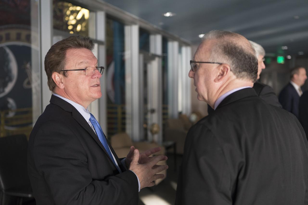 Multi-user spaceport partners converse prior to a roundtable discussion with U.S. Sen. Rick Scott and Kennedy Space Center Director Bob Cabana at Kennedy’s Saturn V Conference Center on March 15, 2019. The meeting was held to discuss the needs of the space center and Cape Canaveral Air Force Station.