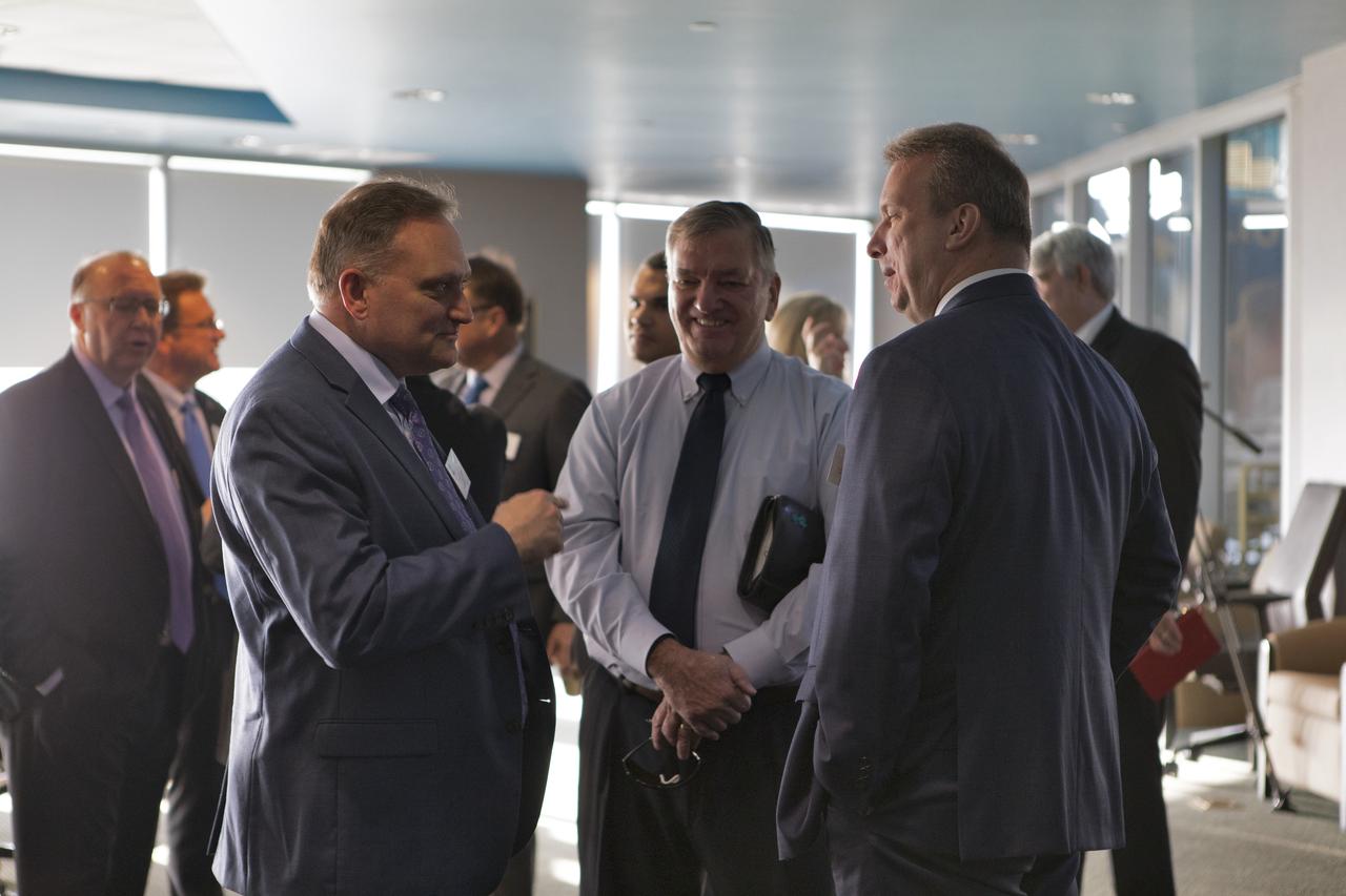 Multi-user spaceport partners converse prior to a roundtable discussion with U.S. Sen. Rick Scott and Kennedy Space Center Director Bob Cabana at Kennedy’s Saturn V Conference Center on March 15, 2019. The meeting was held to discuss the needs of the space center and Cape Canaveral Air Force Station.