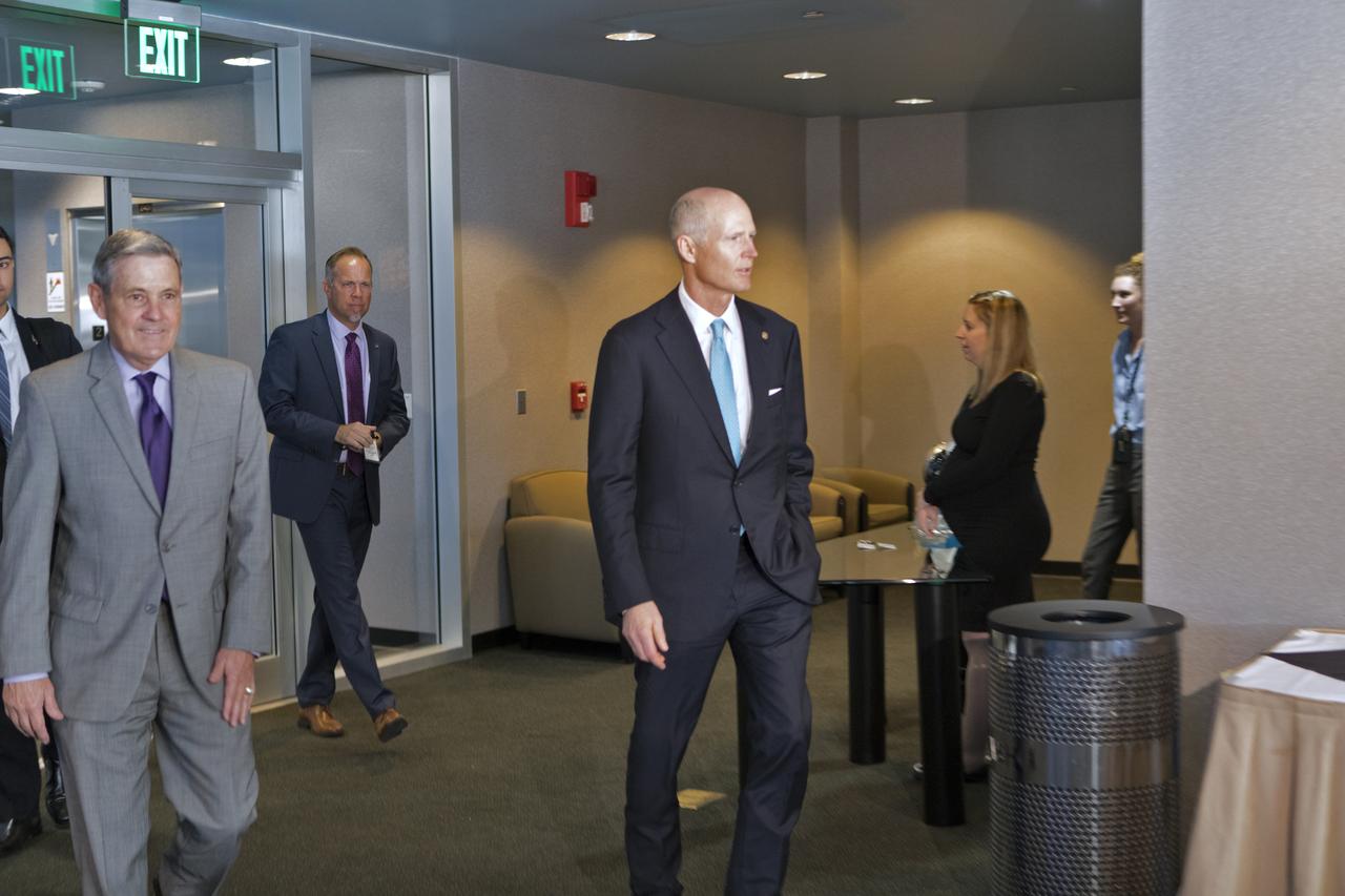 Kennedy Space Center Director Bob Cabana and U.S. Sen. Rick Scott walk into the Kennedy Saturn V Conference Center to attend a roundtable discussion among multi-user spaceport partners on March 15, 2019. The meeting was held to discuss the needs of the space center and Cape Canaveral Air Force Station.