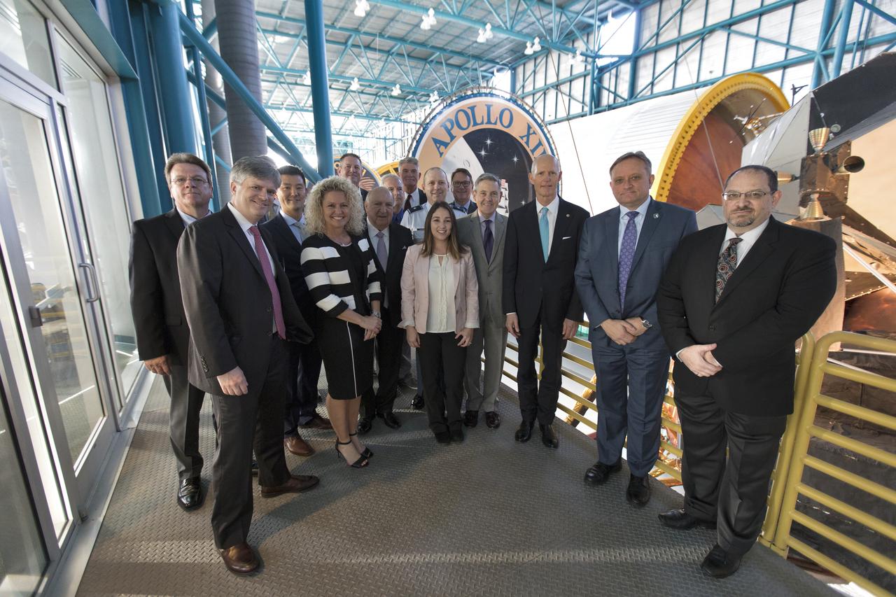 Kennedy Space Center Director Bob Cabana and U.S. Sen. Rick Scott pose for a photo among multi-user spaceport partners prior to a roundtable discussion on March 15, 2019, at Kennedy’s Saturn V Conference Center. The meeting was held to discuss the needs of the space center and Cape Canaveral Air Force Station.