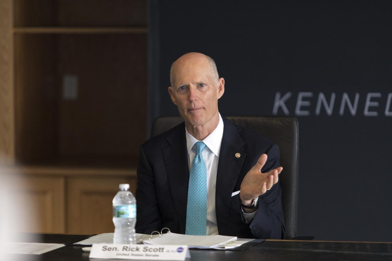 U.S. Sen. Rick Scott speaks during a roundtable discussion among Kennedy Space Center Director Bob Cabana and multi-user spaceport partners at Kennedy’s Saturn V Conference Center on March 15, 2019. The meeting was held to discuss the needs of the space center and Cape Canaveral Air Force Station.