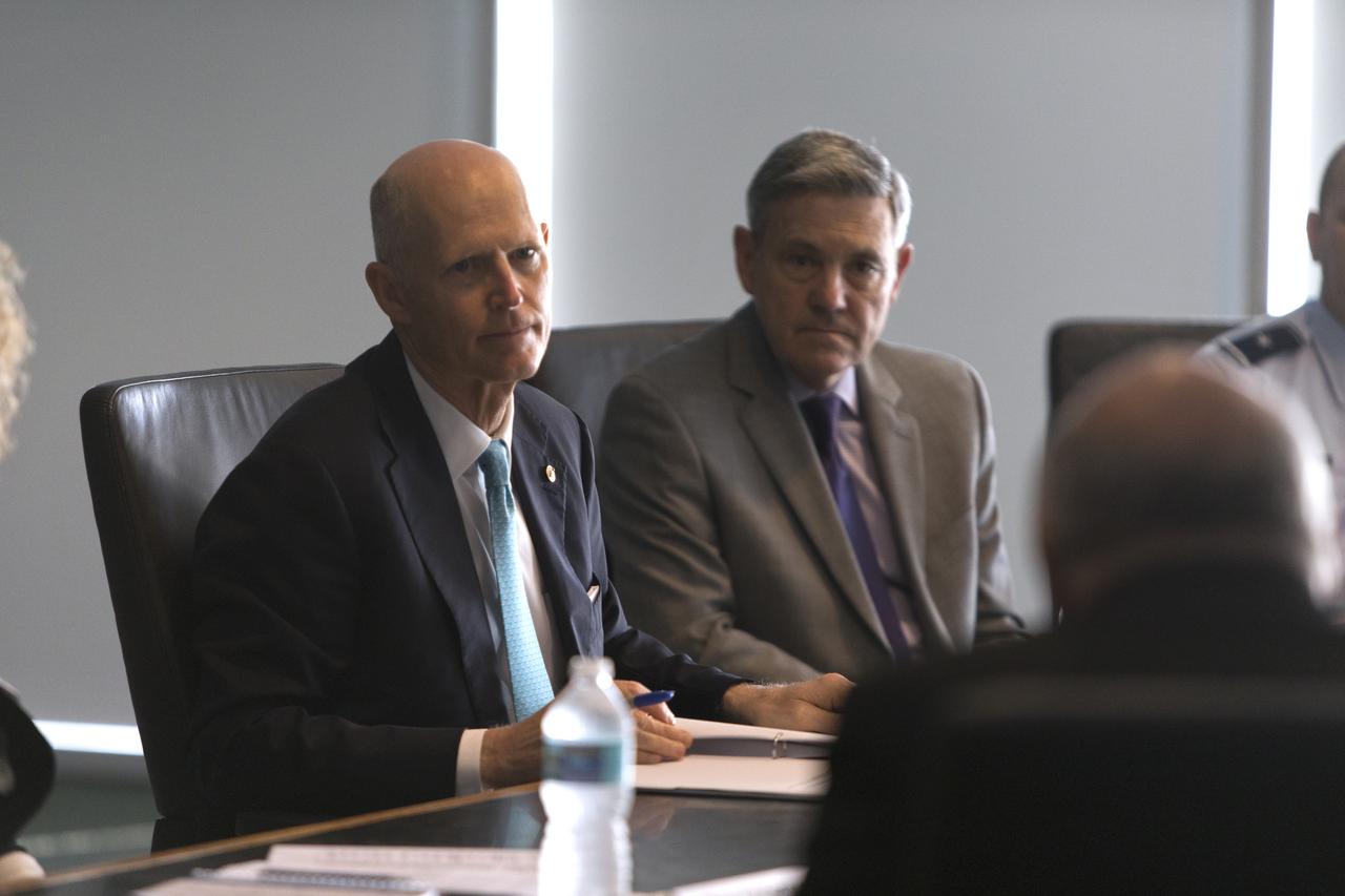 U.S. Sen. Rick Scott and Kennedy Space Center Director Bob Cabana attend a roundtable discussion among multi-user spaceport partners at Kennedy’s Saturn V Conference Center on March 15, 2019. The meeting was held to discuss the needs of the space center and Cape Canaveral Air Force Station.