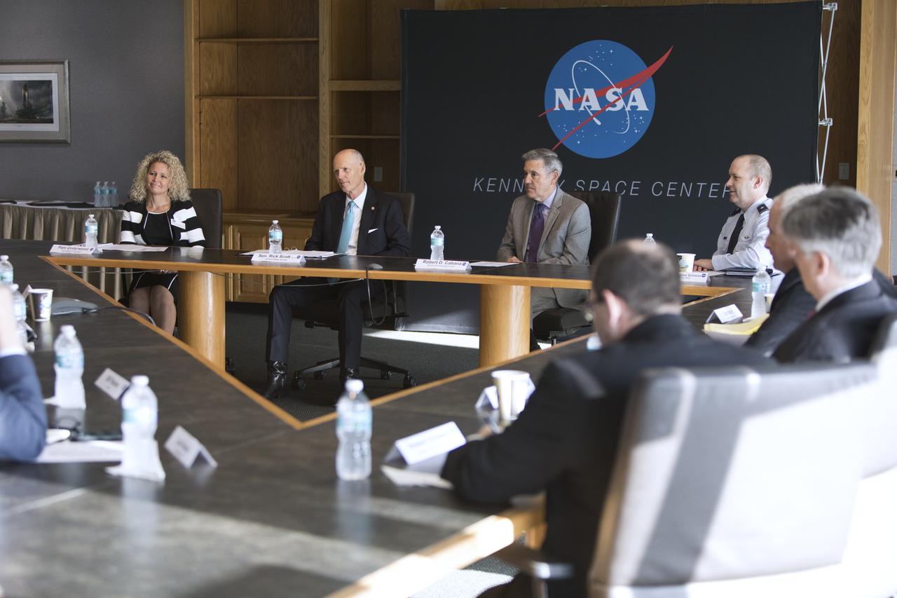 U.S. Sen. Rick Scott and Kennedy Space Center Director Bob Cabana attend a roundtable discussion among multi-user spaceport partners at Kennedy’s Saturn V Conference Center on March 15, 2019. The meeting was held to discuss the needs of the space center and Cape Canaveral Air Force Station.