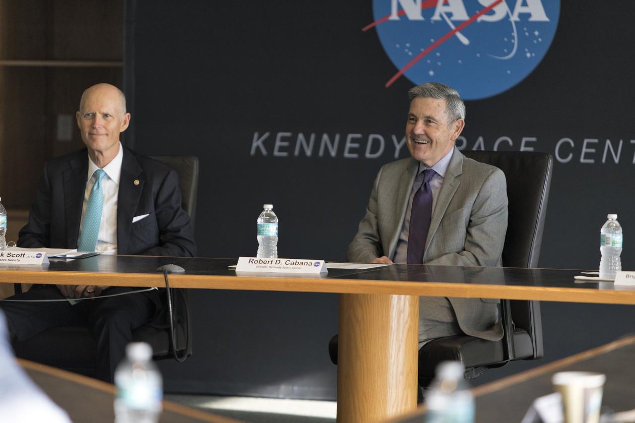 U.S. Sen. Rick Scott and Kennedy Space Center Director Bob Cabana attend a roundtable discussion among multi-user spaceport partners at Kennedy’s Saturn V Conference Center on March 15, 2019. The meeting was held to discuss the needs of the space center and Cape Canaveral Air Force Station.