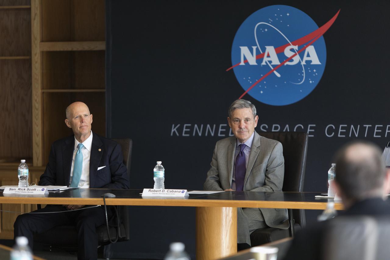 U.S. Sen. Rick Scott and Kennedy Space Center Director Bob Cabana attend a roundtable discussion among multi-user spaceport partners at Kennedy’s Saturn V Conference Center on March 15, 2019. The meeting was held to discuss the needs of the space center and Cape Canaveral Air Force Station.