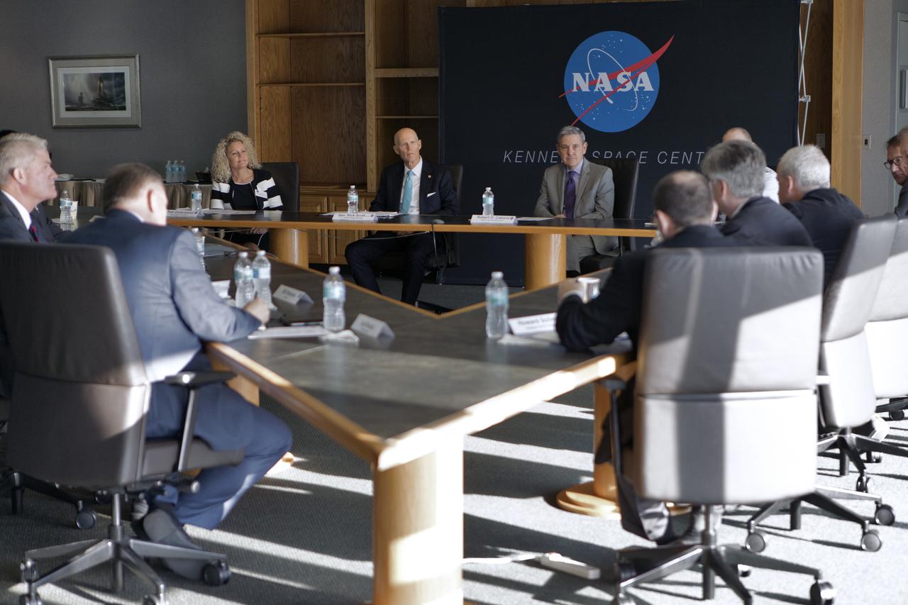 U.S. Sen. Rick Scott and Kennedy Space Center Director Bob Cabana attend a roundtable discussion among multi-user spaceport partners at Kennedy’s Saturn V Conference Center on March 15, 2019. The meeting was held to discuss the needs of the space center and Cape Canaveral Air Force Station.