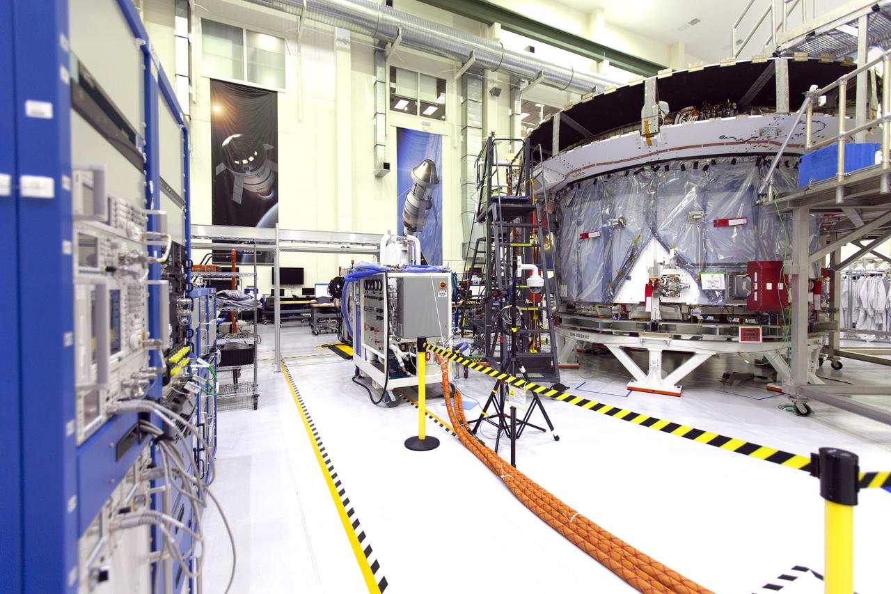 The European Service Module that will serve as the powerhouse for Orion on Exploration Mission-1 (EM-1), is in view on a work stand inside the Neil Armstrong Operations and Checkout Building high bay on March 21, 2019, at NASA’s Kennedy Space Center in Florida. For EM-1, Orion will launch atop the Space Launch System rocket from Launch Pad 39B. The spacecraft will travel thousands of miles past the Moon on an approximately three-week test flight. Orion will return to Earth and splashdown in the Pacific Ocean off the coast of California, where it will be retrieved and returned to Kennedy.