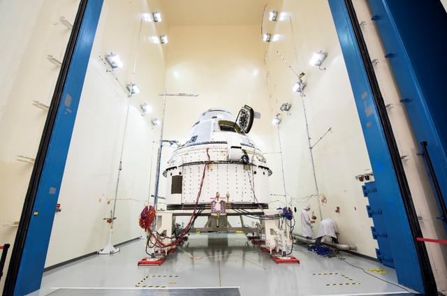 Boeing’s CST-100 Starliner prepares for acoustic testing at Boeing’s spacecraft test facilities in El Segundo, California. This vehicle, known as Spacecraft 2, will fly Starliner’s Crew Flight Test (CFT) after it returns to Florida from environmental testing. The Starliner underwent rounds of acoustics vibration, thermal vacuum and electromagnetic interference and electromagnetic contamination testing. These tests prove Starliner’s design is capable of handling the harsh environments of launch, ascent and orbit and also prove that the electronics systems will operate in space and not interfere with other satellites or the International Space Station. CFT is Boeing’s crewed flight test of Starliner and part of NASA’s Commercial Crew Program, which will return human spaceflight launches into low-Earth orbit from U.S. soil.
