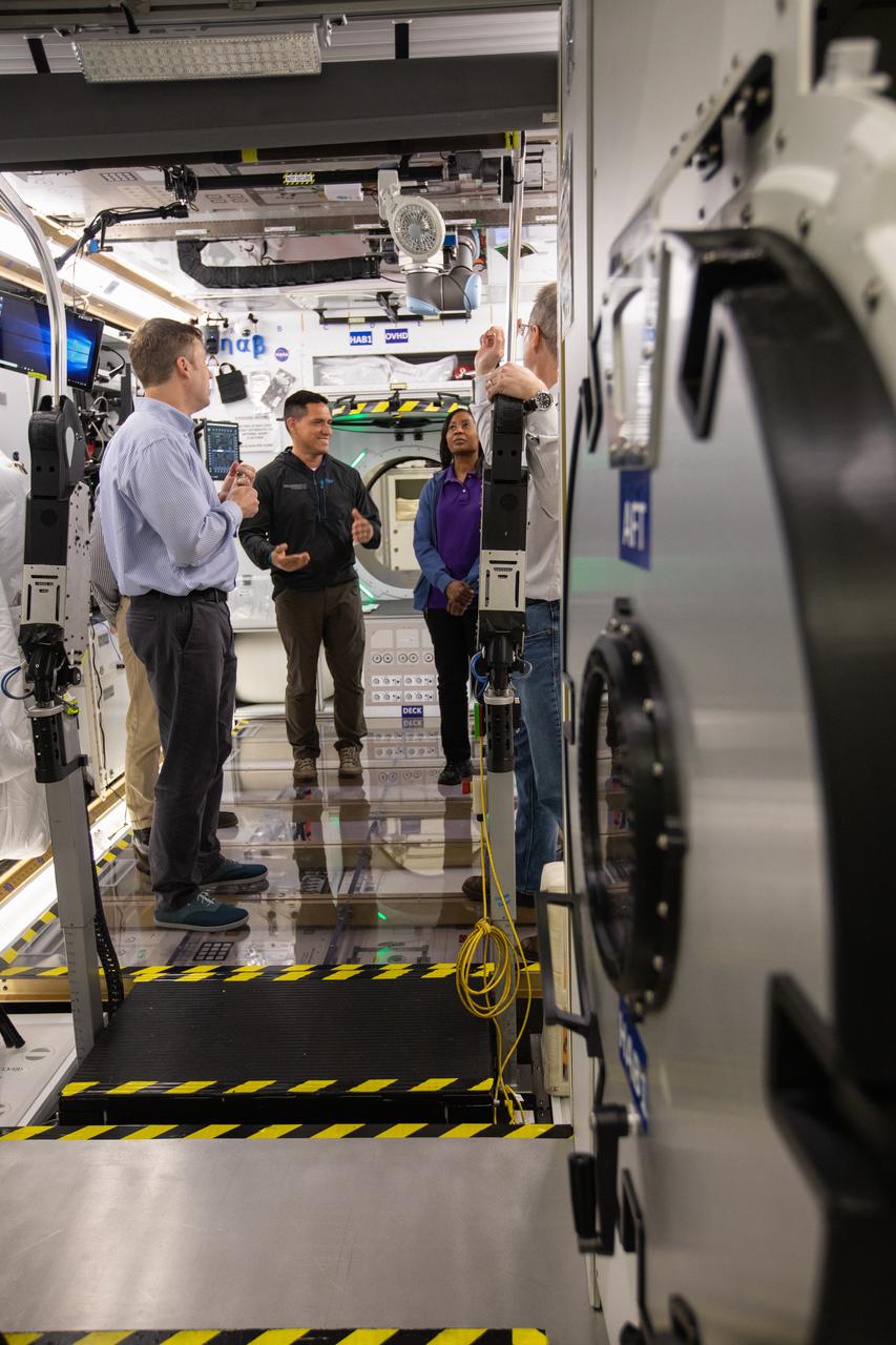 NASA began evaluating five habitat prototypes developed through NASA’s Next Space Exploration for Technologies Partnerships, or NextSTEP, to help engineers refine requirements for the design of an American-made deep space habitat for the Gateway. Lockheed Martin turned over its prototype to NASA, and testing began with crew on March 25, 2019, at Kennedy Space Center in Florida. Pictured inside the habitat prototype on March 26, 2019, second from left is astronaut Frank Rubio. Next to him is astronaut Stephanie Wilson. Astronauts are participating in the evaluations to provide their perspectives as those who may one day live aboard the lunar outpost, which would be located about 250,000 miles from Earth. Ground prototypes developed by Bigelow Aerospace, Boeing, Northrop Grumman, and Sierra Nevada Corporation will be tested in the future at various facilities across the country. A sixth company, NanoRacks, plans to develop a prototype as well.