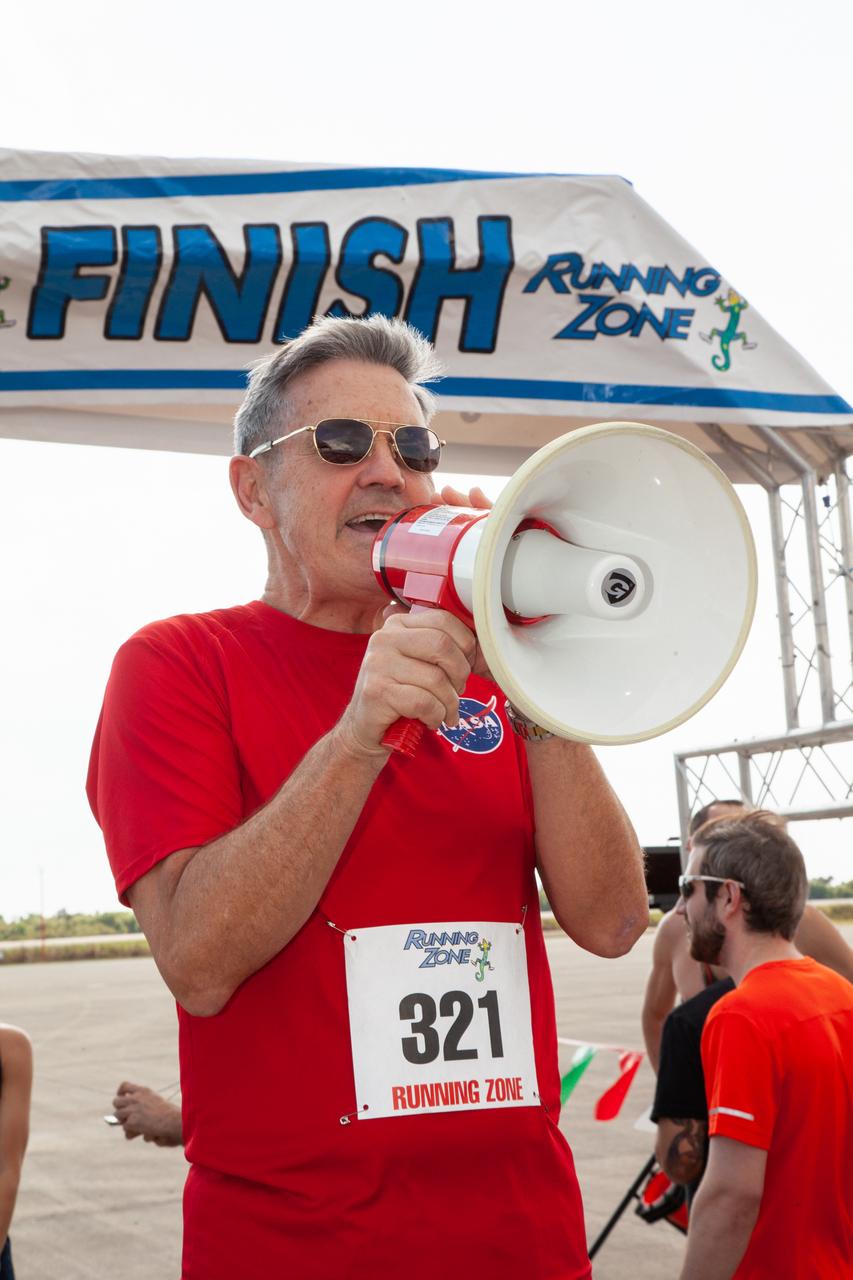 Kennedy Space Center Director Bob Cabana speaks to employees and guests before the start of the Florida spaceport’s annual KSC Walk Run on March 26, 2019. Part of Kennedy’s Safety and Health Days, the event takes place at the Shuttle Landing Facility runway and offers participants the chance to partake in a two-mile walk or run, a 5K or a 10K. 
