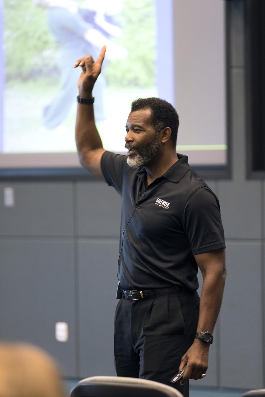 Derwin Bradley, a veteran police officer and former soldier, speaks to Kennedy Space Center employees at the center’s Operations Support Building II on the topic of personal safety and awareness. The presentation was held March 27, 2019, as part of the Florida spaceport’s Safety and Health Days. During the presentation, Bradley also demonstrated basic self-defense tactics. 