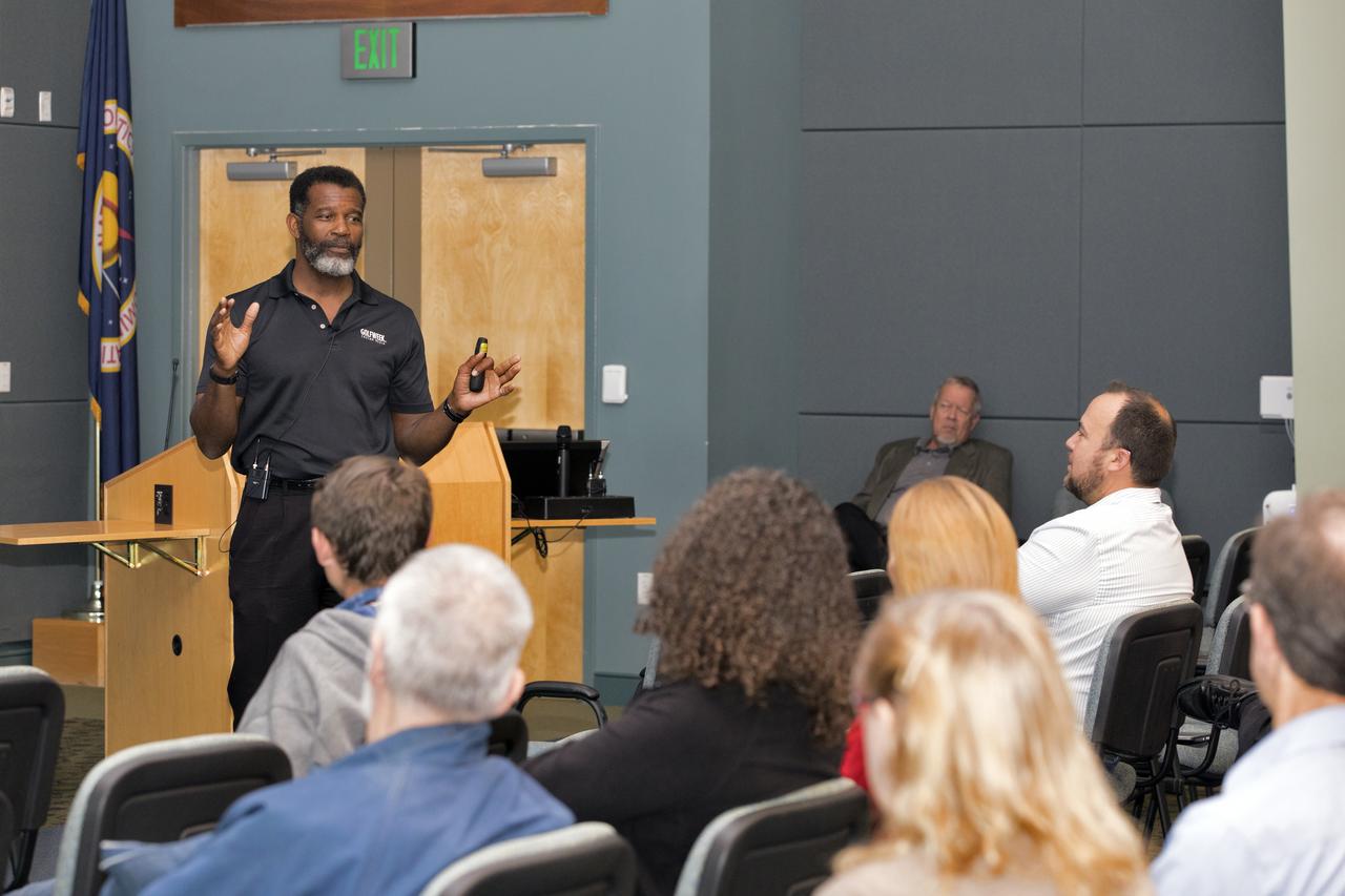 Derwin Bradley, a veteran police officer and former soldier, speaks to Kennedy Space Center employees at the center’s Operations Support Building II on the topic of personal safety and awareness. The presentation was held March 27, 2019, as part of the Florida spaceport’s Safety and Health Days. During the presentation, Bradley also demonstrated basic self-defense tactics.