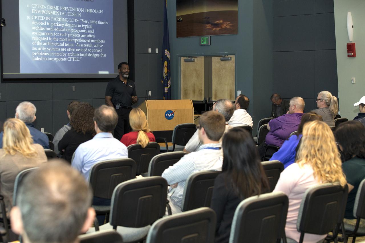 Derwin Bradley, a veteran police officer and former soldier, speaks to Kennedy Space Center employees at the center’s Operations Support Building II on the topic of personal safety and awareness. The presentation was held March 27, 2019, as part of the Florida spaceport’s Safety and Health Days. During the presentation, Bradley also demonstrated basic self-defense tactics. 