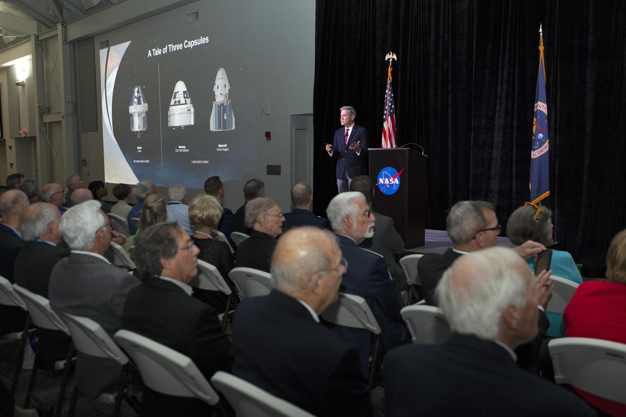 NASA Kennedy Space Center Director Bob Cabana updates community leaders, business executives, partners, educators and government leaders on Kennedy-led programs and accomplishments during a presentation March 29, 2019, at the Kennedy Space Center Visitor Complex in Florida. Cabana recapped achievements and future plans for the Commercial Crew Program, Exploration Ground Systems, Launch Services Program, Exploration Research and Technology, and Center Planning and Development. After the presentation, guests had the opportunity to ask questions and visit displays from the programs and some of the commercial partners.