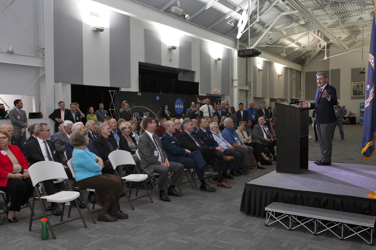 NASA Kennedy Space Center Director Bob Cabana, far right, updates community leaders, business executives, partners, educators and government leaders on Kennedy-led programs and accomplishments during a presentation March 29, 2019, at the Kennedy Space Center Visitor Complex in Florida. Cabana recapped achievements and future plans for the Commercial Crew Program, Exploration Ground Systems, Launch Services Program, Exploration Research and Technology, and Center Planning and Development. After the presentation, guests had the opportunity to ask questions and visit displays from the programs and some of the commercial partners.
