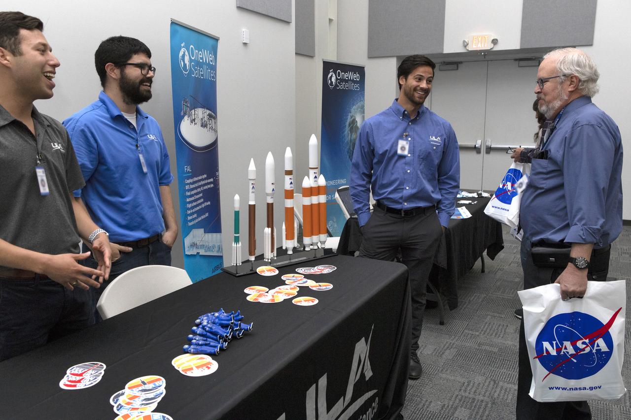 Guests visit with representatives from United Launch Alliance during NASA Kennedy Space Center Director Bob Cabana’s update to community leaders, business executives, partners, educators and government leaders March 29, 2019, at the Kennedy Space Center Visitor Complex in Florida. Cabana’s presentation covered recent accomplishments and future plans for Kennedy-led programs, including the Commercial Crew Program, Exploration Ground Systems, Launch Services Program, Exploration Research and Technology, and Center Planning and Development. After the presentation, guests had the opportunity to ask questions and visit displays from the programs and some of the commercial partners.