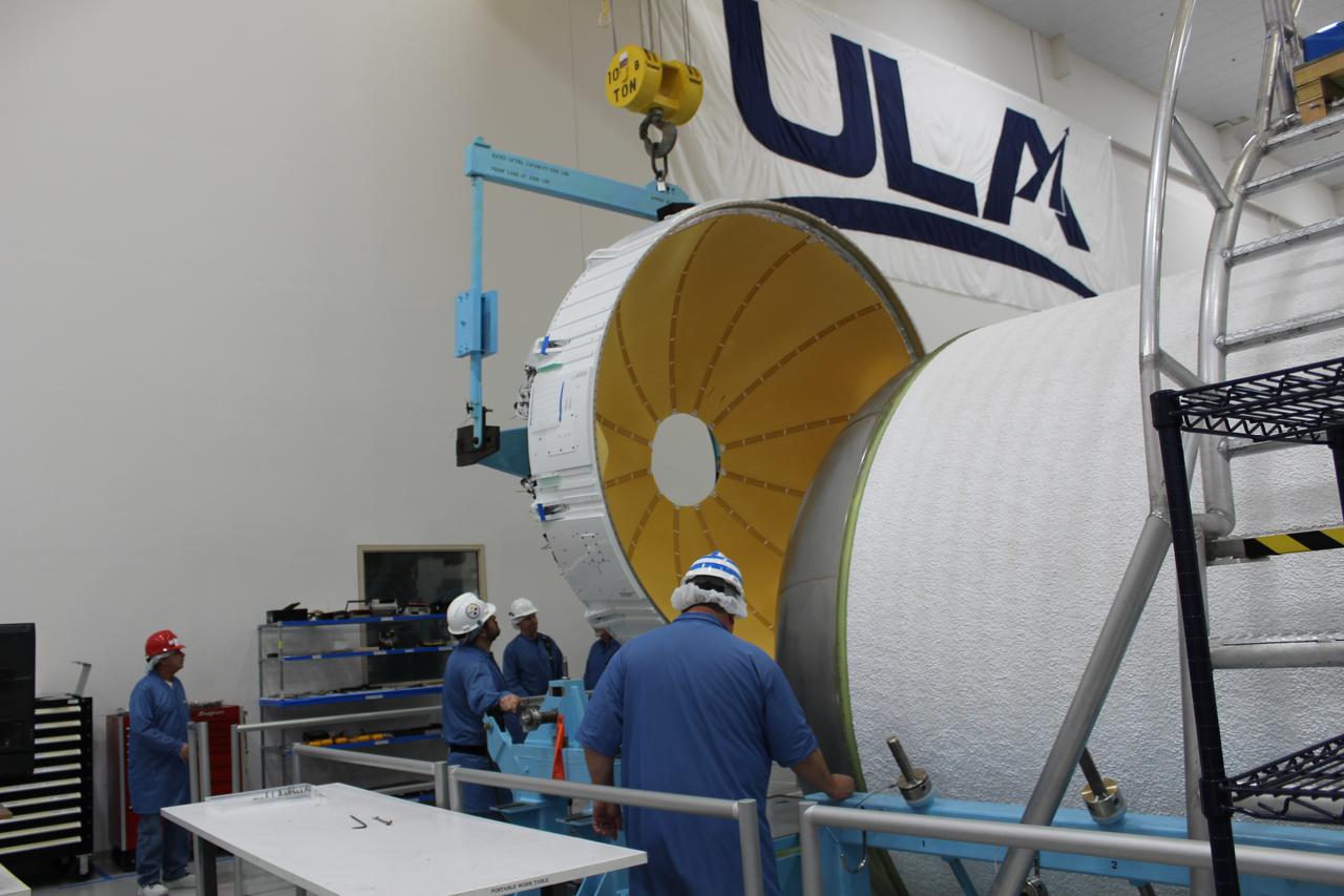 Workers assemble a United Launch Alliance (ULA) Atlas V dual engine Centaur upper stage in ULA’s factory in Decatur, Alabama on March 29, 2019. The dual engine upper stage is being prepared for the first crew rotation mission of Boeing’s CST-100 Starliner to the International Space Station. Starliner and the Atlas V rockets that will launch the spacecraft, are key elements of NASA’s Commercial Crew Program to restore the capability to send astronauts to the space station from U.S. soil.