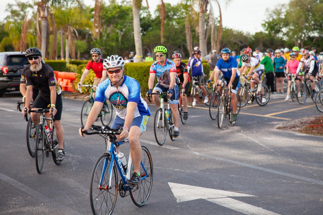 Cyclists take off from the Kennedy Space Center Visitor Complex at the start of the center’s annual Tour de KSC. The bicycle tour took place March 30, giving Kennedy employees and guests the opportunity to choose from three different routes that ranged from seven to 33 miles along some of the Florida spaceport’s most notable facilities such as the Vehicle Assembly Building, the Shuttle Landing Facility and historic Launch Pad 39A, among others. 